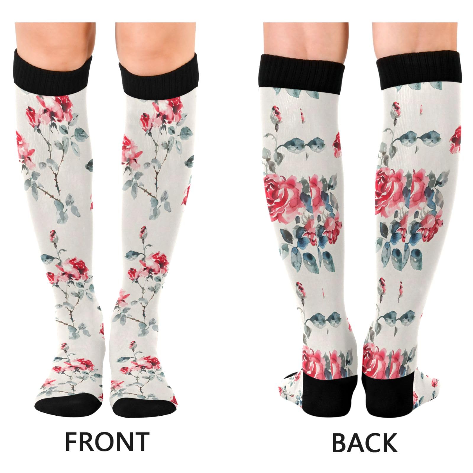 ALAZA Athletic Compression Socks Knee High Socks Stockings for Women Watercolour Rose Running Circulation Sport Football