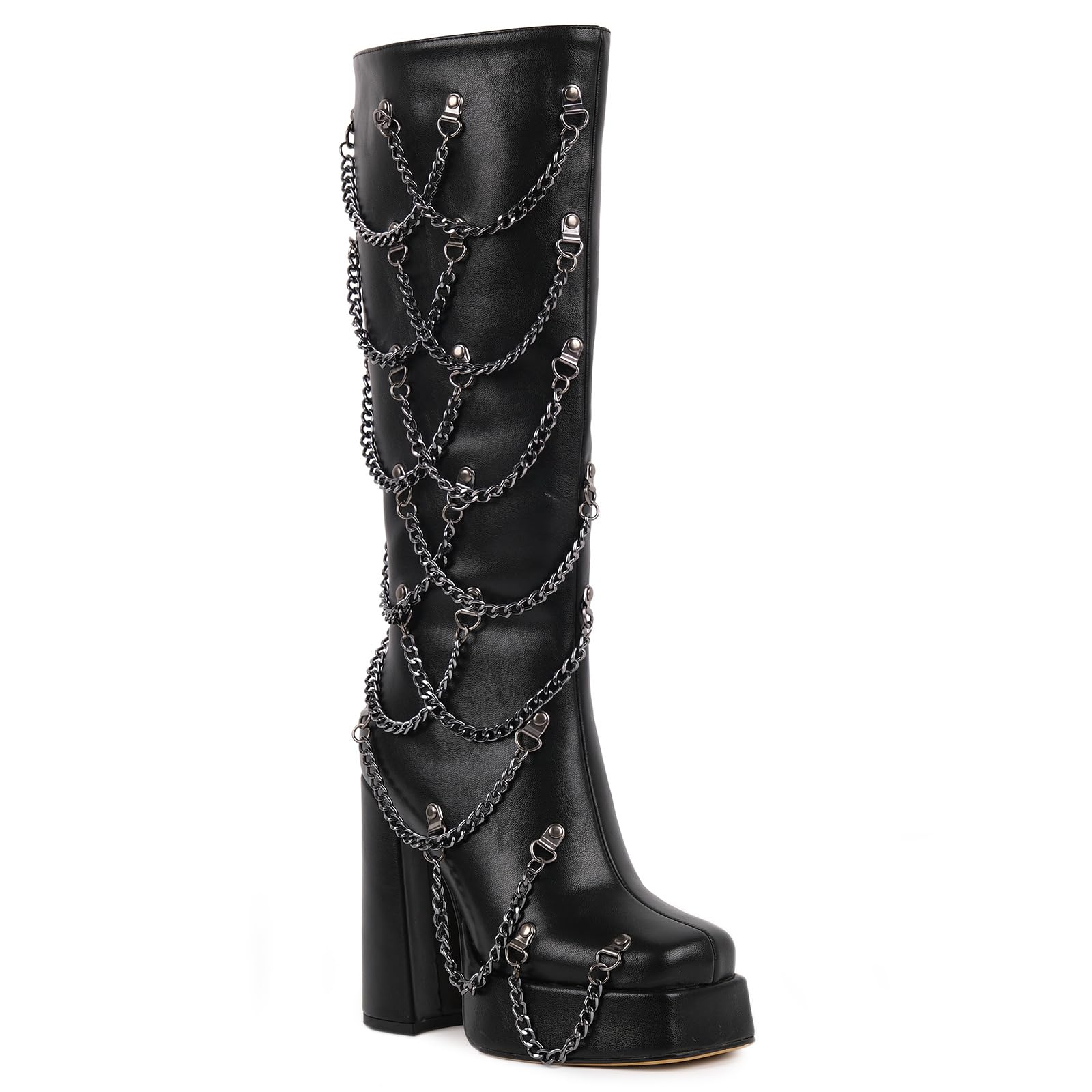 VERISSON Womens Gothic Platform Knee High Boots with Chains Square Toe Studded Side Zipper Long Boots Chunky High