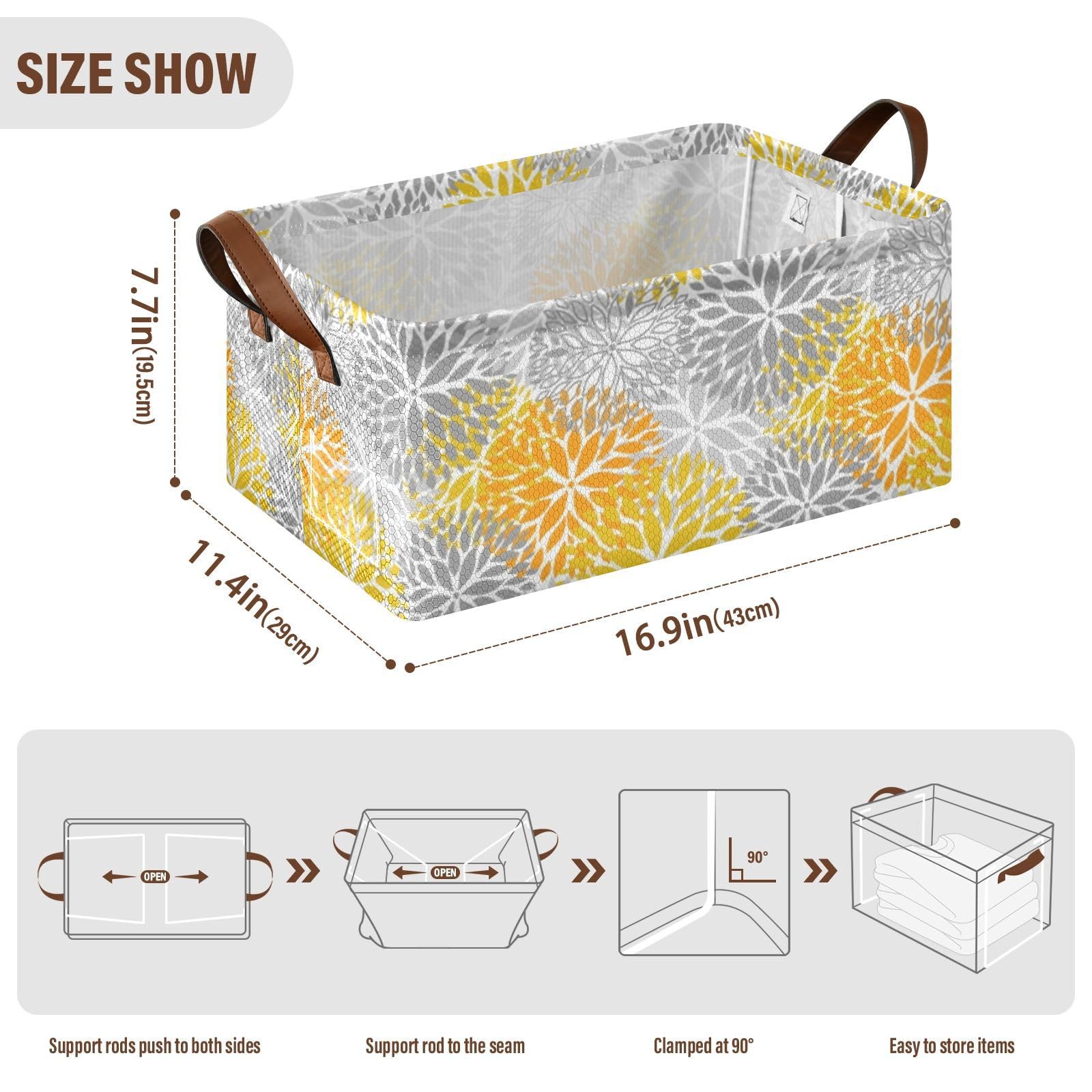 Fygkptb Orange and Grey Chrysanthemum Flowers Floral Pattern 2 PC Rectangle Foldable Frame Basket Leather Handles Storage Bin for Laundry Bathroom Organizer 16.9 x 11.4 x 7.7 inch