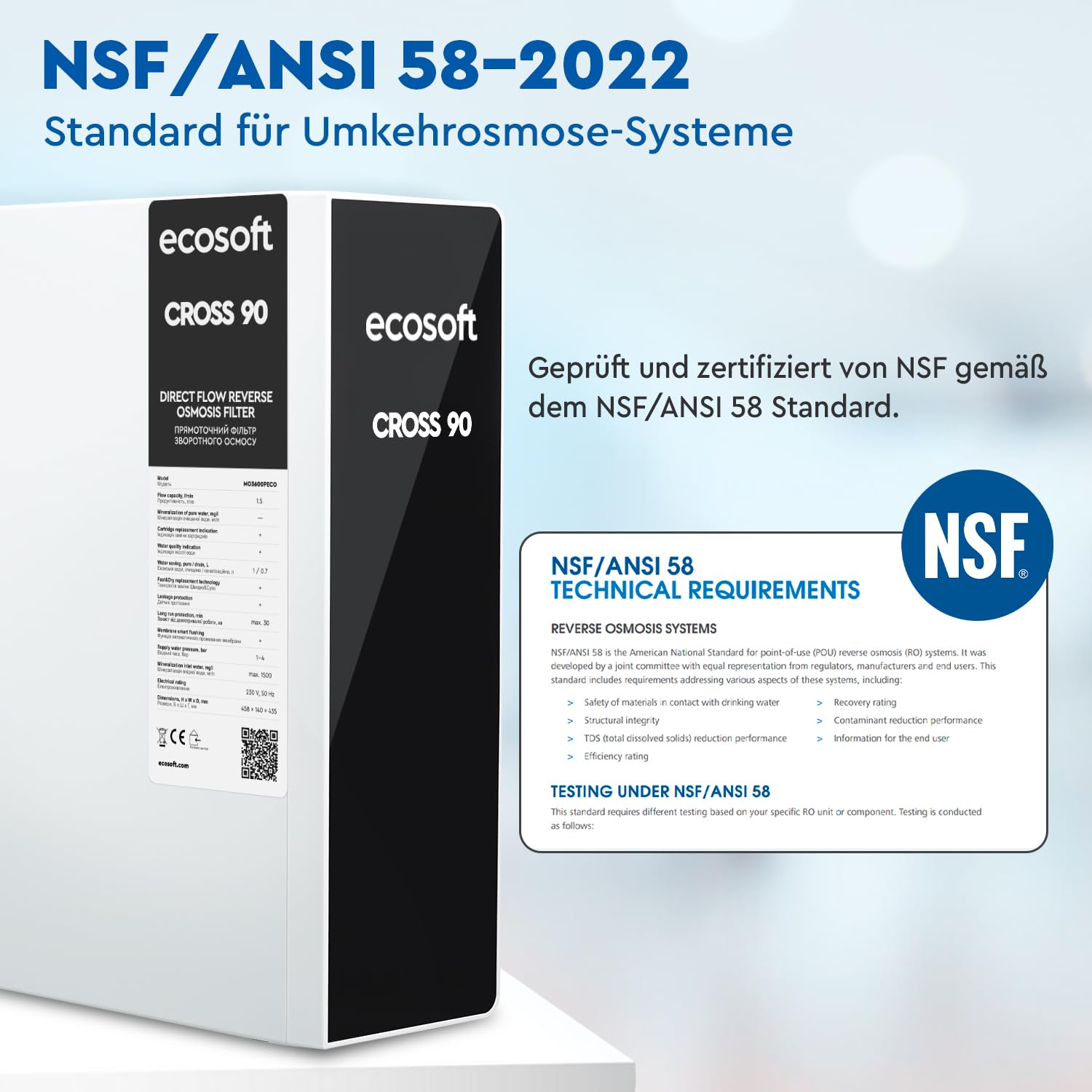 Ecosoft CROSS90 Osmoseanlage Direct Flow Wasser Filter System | Entfernt 99 % PFAS, Mikroplastik & Schwermetalle, Automatische Spülung