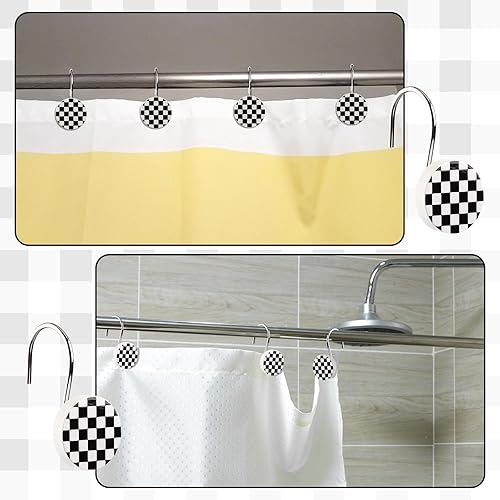 Miniatura 5 de Juego de 12 ganchos de cortina de ducha a cuadros rústicos redondos en blanco y negro, anillos decorativos modernos con ganchos de metal para barra