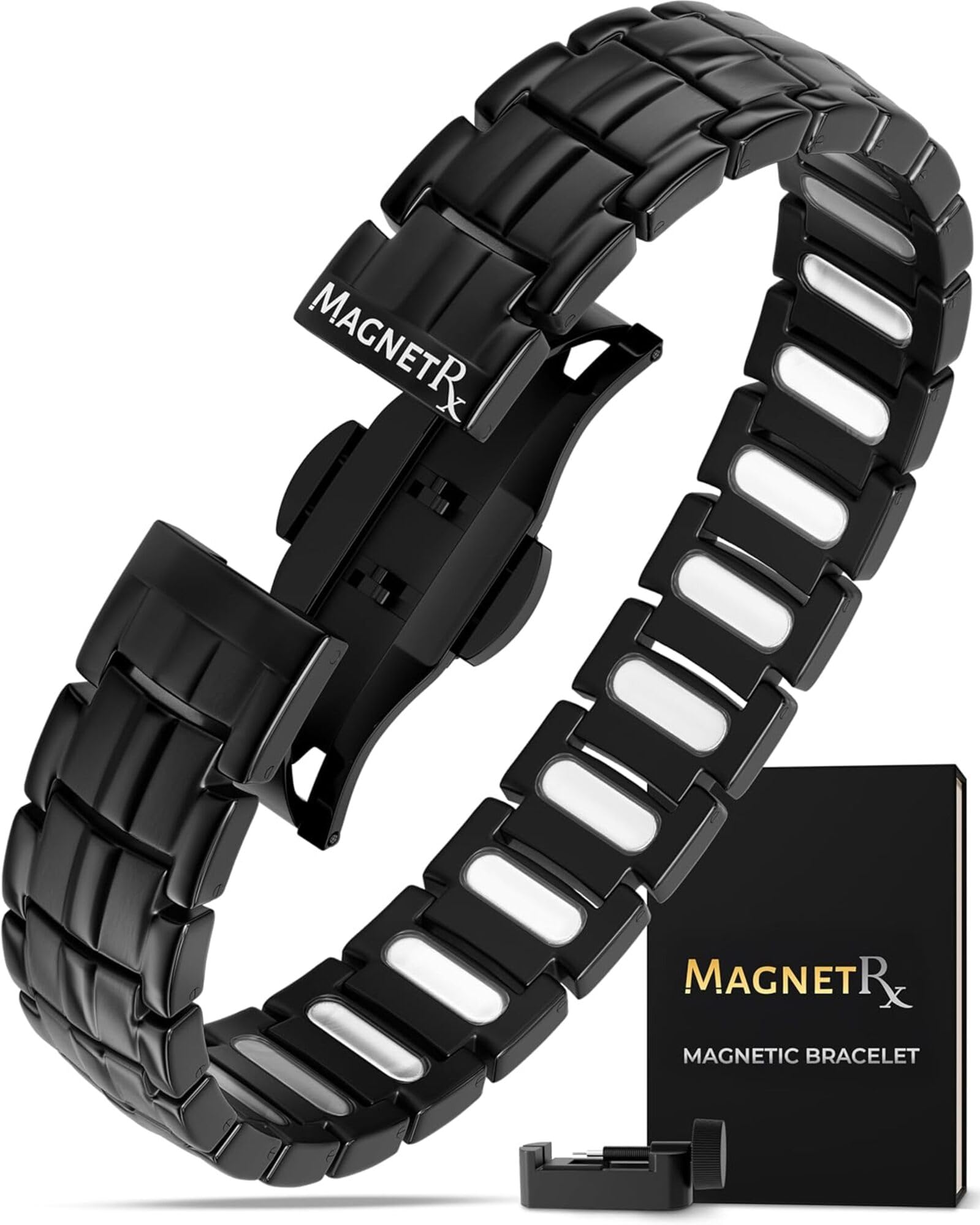 MagnetRX Magnetic Bracelets for Men - EllipseMAX 5X Strength 5,000 Gauss Magnets - Designed in USA & Patent Pending - Premium Titanium Mens Magnetic Bracelet & Adjustable Length (Black)