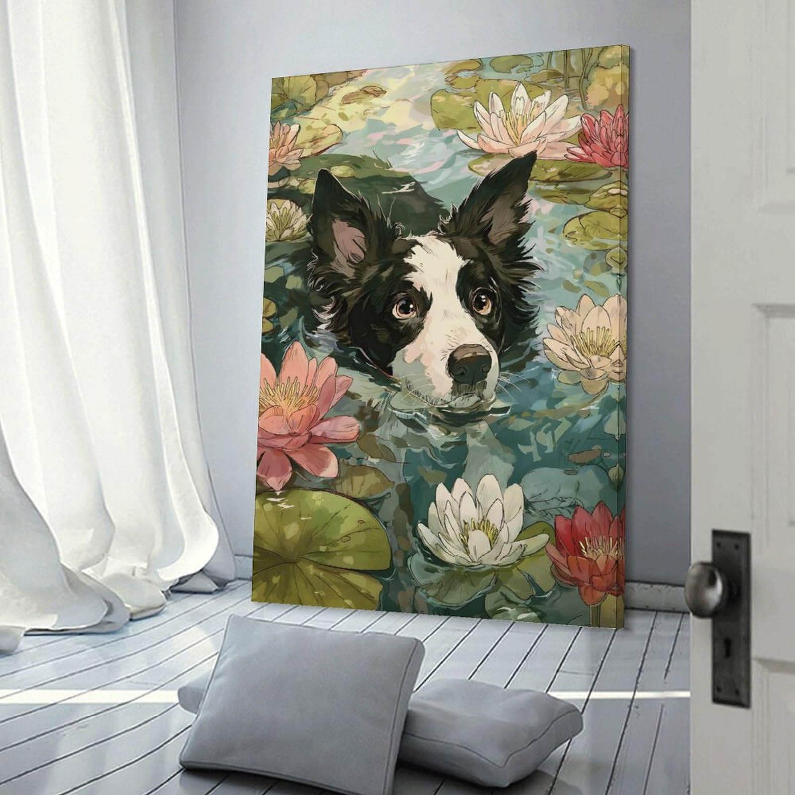 Junmoney Canvas Art Print Dog Swimming Among Lily Pads, 20x30inch(50x75cm), for New Homes, Bedrooms Or Workspaces, Thoughtful Wall Decor for Art Lovers