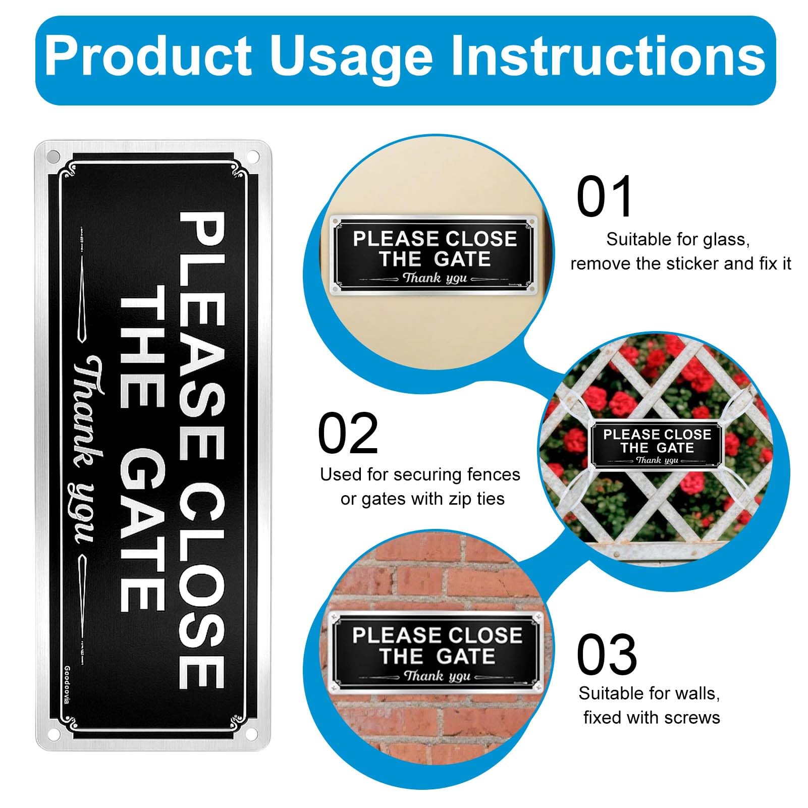 2PCS Please Keep Gate Closed Sign, Guard Dogs Warning Sign, 259CM for Guard Dogs, Metal Warning Sign Brushed Aluminium, Easy to Install with Pre-Drilled Holes, Outdoor Indoor Fence Gate Sign - Image 4