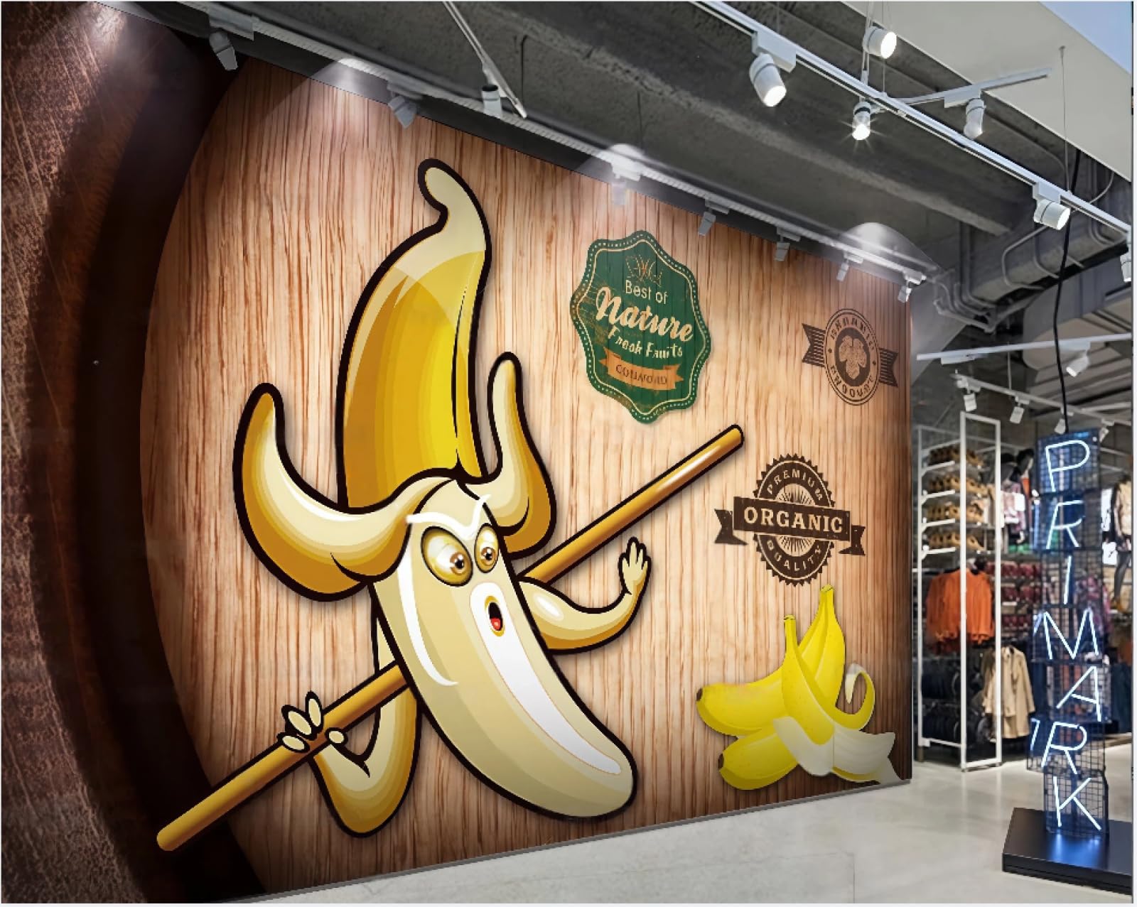 XDOUBAO Wallpaper Nostalgic Wooden Board Wood Grain Hand-Painted Banana Fruit Shop Shopping Mall Afternoon Tea Western Restaurant Background Wall Wallpaper Coffee Shop Mural,3D,150x105cm