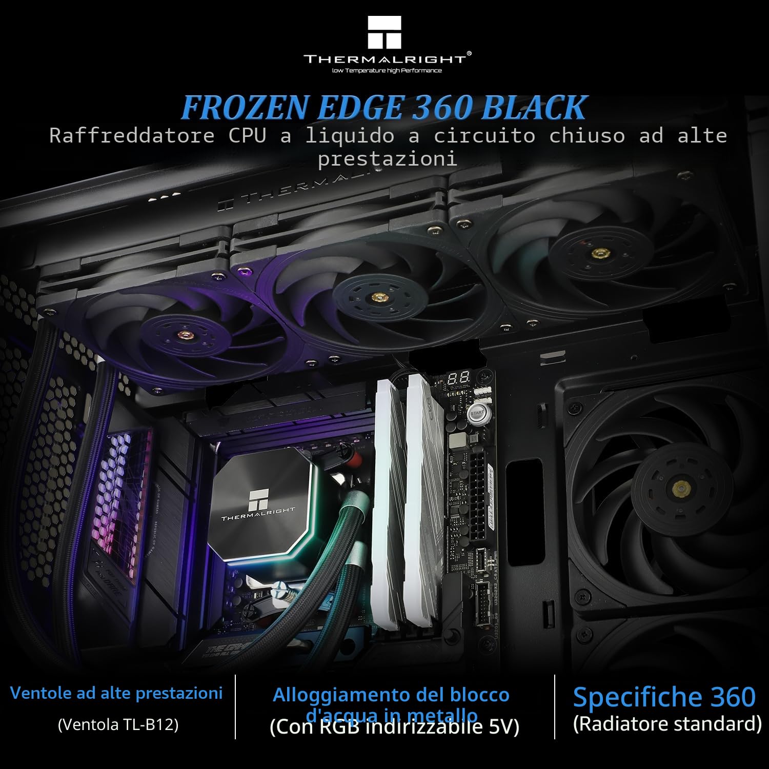 Thermalright Frozen Edge 360 Black - Refrigeratore d'acqua liquido CPU con ventola PWM da 120 mm, dissipatore di calore ad acqua integrato per AMD/AM4/AM5, Intel LGA1700/1150/1151/1200/1851