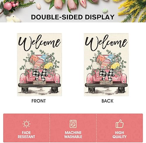 Miniatura 6 de AVOIN colorlife Bandera de jardín de huevos de Pascua de bienvenida de 12 x 18 pulgadas, doble cara, decoración rústica de patio de granja para