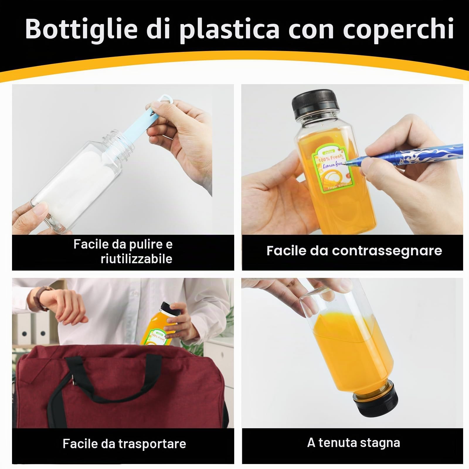 15 Bottiglie Vuote di Succo di Plastica, 250ml Bottiglie Succhi Riutilizzabili con Etichetta e Imbuto, Bottiglia per Bevande, Contenitore Trasparente per Bevande con Coperchio Neri