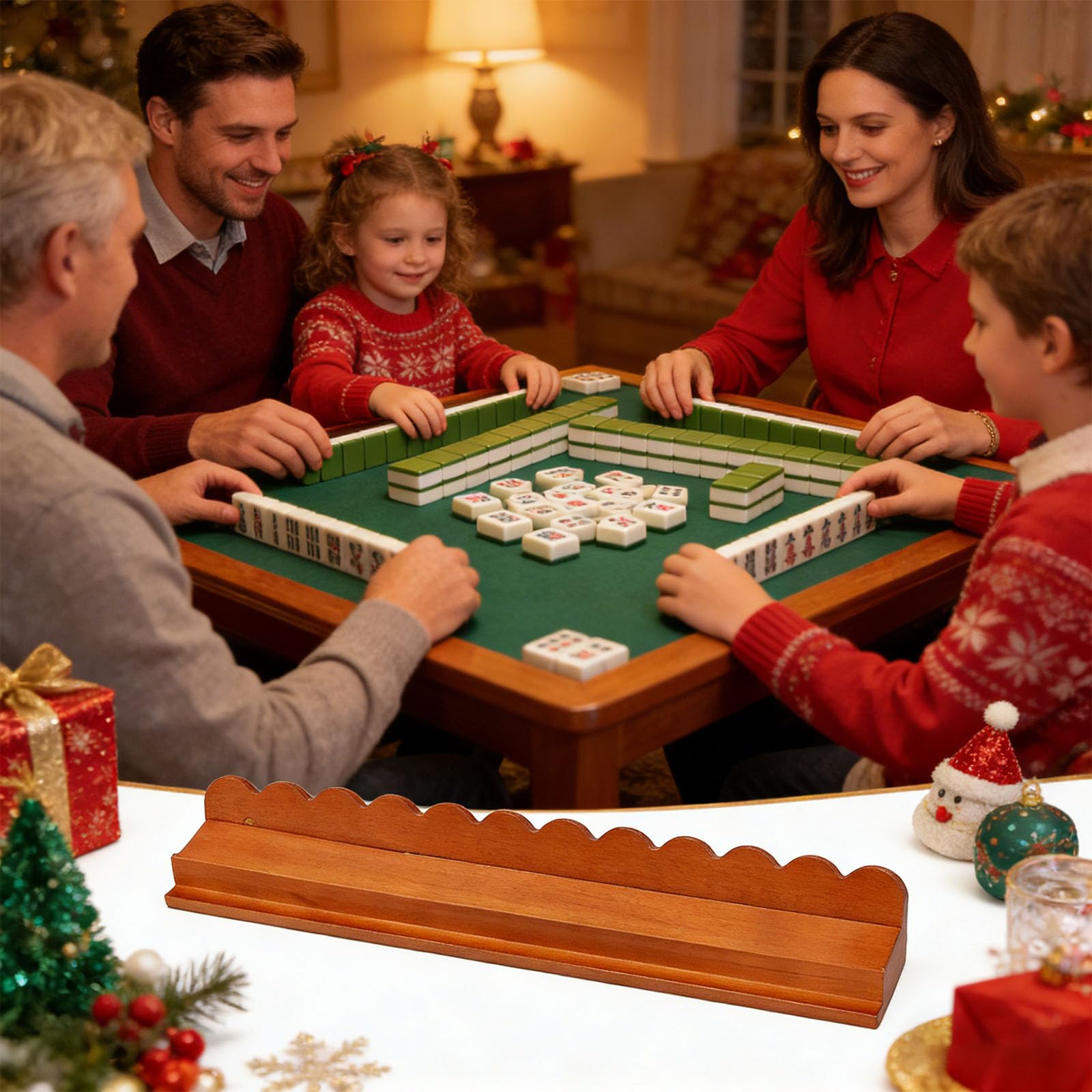 Holz Mahjong Ständer mit Drücker und gewelltem Design, 17-Zoll Fliesenhalter für America Spielzubehör, Holzfliesenhalter