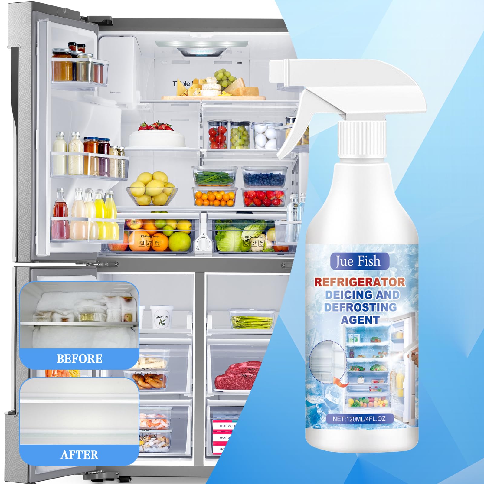 Hainue Środek do czyszczenia zamrażarki, spray do odmrażania w sprayu 120 ml, spray do zamrażalnika, do lodówek, odmrażania
