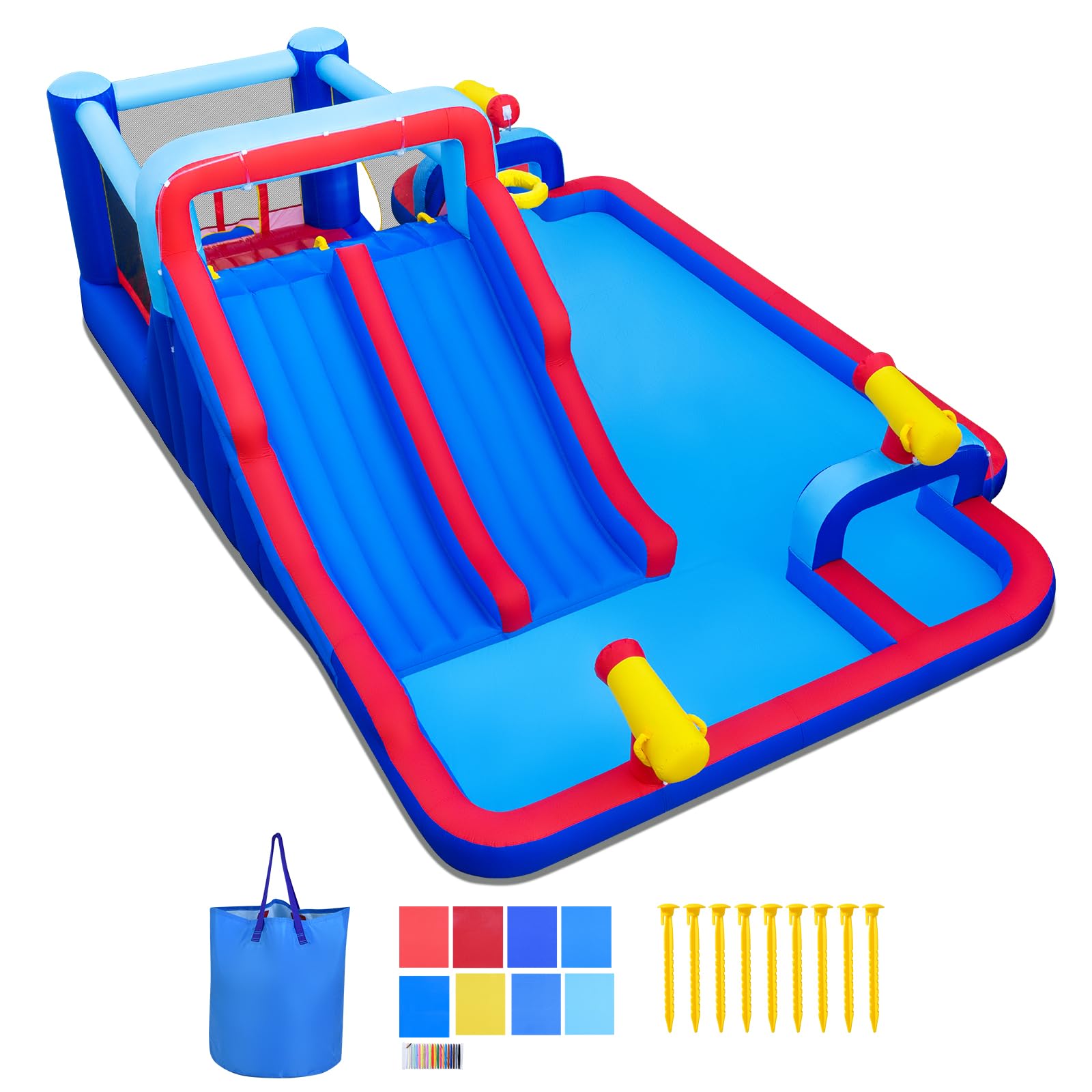 GIANTEX Castello Gonfiabile per Bambini con Scivolo, Piscina Gonfiabile in Tessuto Oxford con Canestro da Basket, Cannone ad Acqua e Parete da Arrampicata, Parco Giochi Grande da Esterno per 3-12 Anni