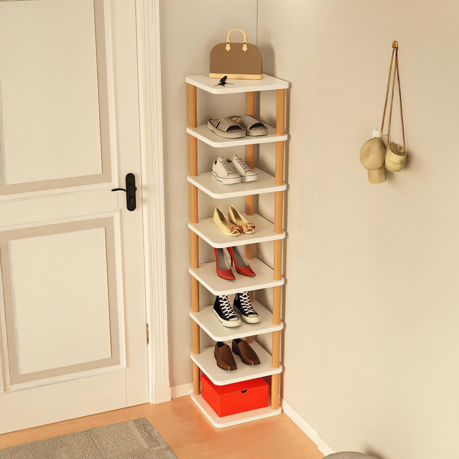 Timoau Vertical Shoe Storage, 8-Tier Space Saving Shelf Tower, Narrow Corner Shoe Organizer, Wooden Holder for Entryway Closet, Garage, White