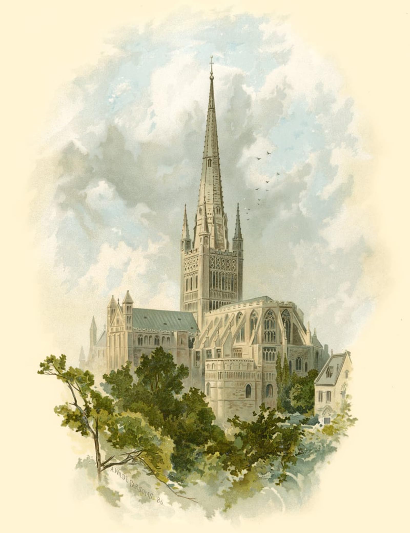 POSTERIIk Vintage Print Pop Art Landscape Artwork Norwich Cathedral South East by Arthur Wilde Parsons Art Prints for Office Home Decor 60x90cm