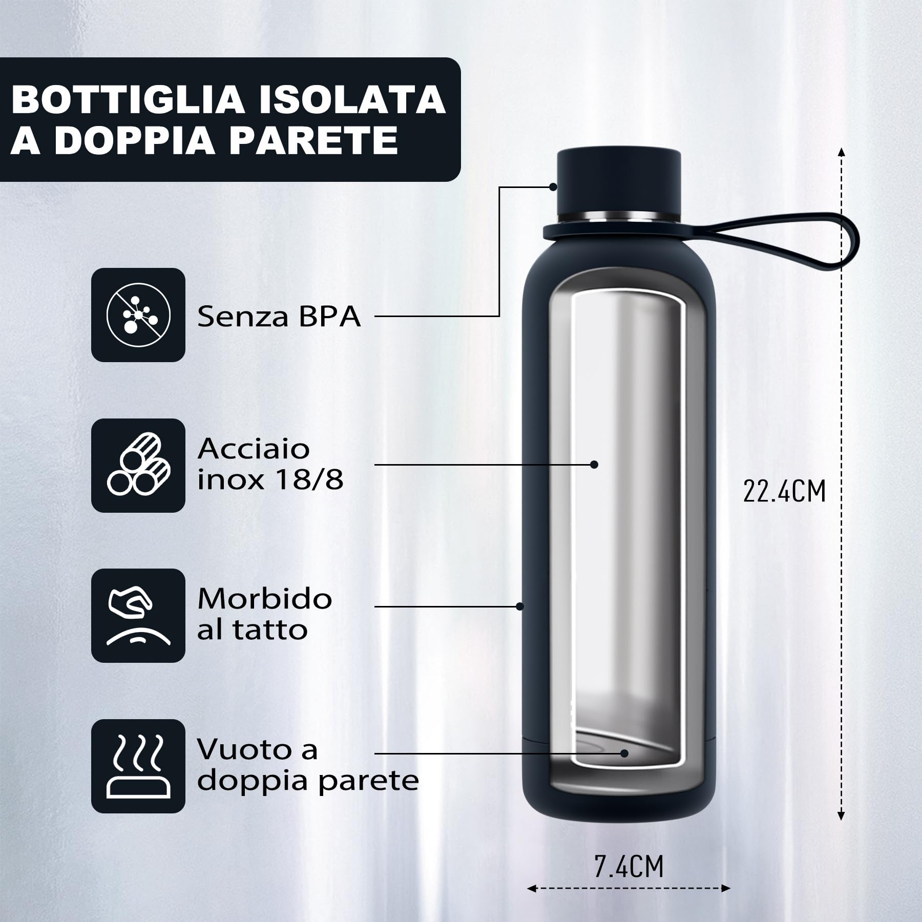 Exllena Borraccia Termica 500 ml - Bottiglia Termica Doppio Vuoto Mantenere Calore/Freddo - Senza BPA - 100% A Tenuta Stagna con Anello per Tote (Nero)