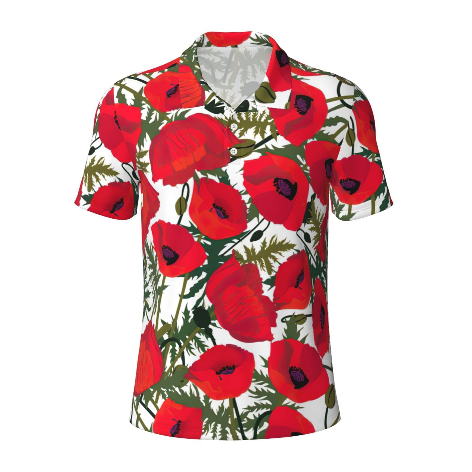 Gxungt Men's Black Poppy Flower Pattern Print Short-Sleeved Fashionable Polo Shirts,Golf Shirts,Formal Short-Sleeved Lapel Shirts
