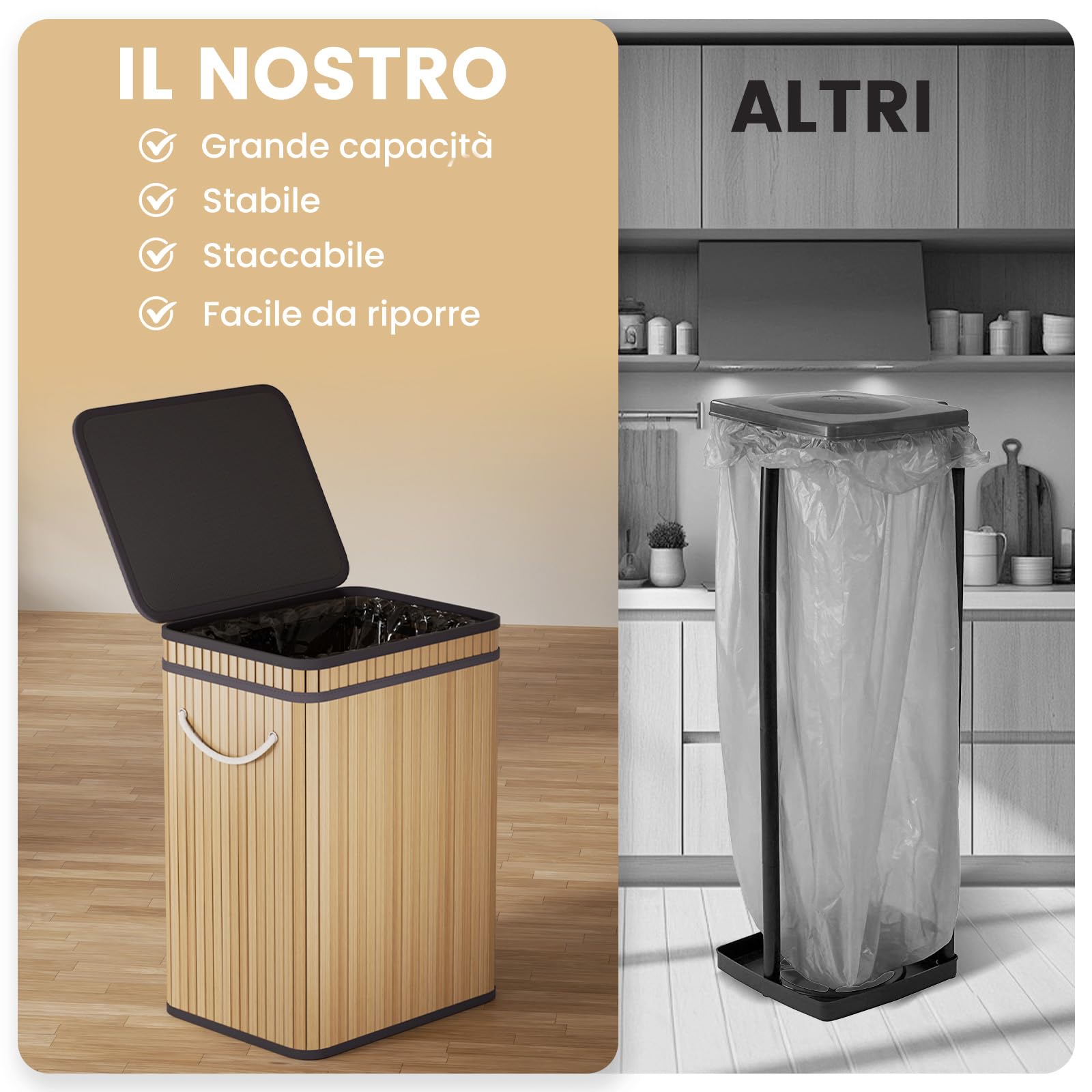 Mihoho Pattumiera grande da 80 litri/21 galloni con coperchio, cestino per rifiuti in bambù, pattumiera per esterni/bidone per rifiuti per casa, ufficio, bagno, cucina 40X30X60 CM (kaki chiaro)