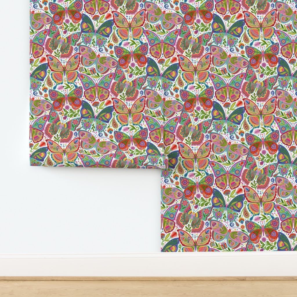 Peel & Stick Wallpaper 3ft x 2ft - Girl Butterfly Tattoos Folk Butterflies Colorful Floral Nature Art Insect Bug Doodle Custom Removable Wallpaper by Spoonflower