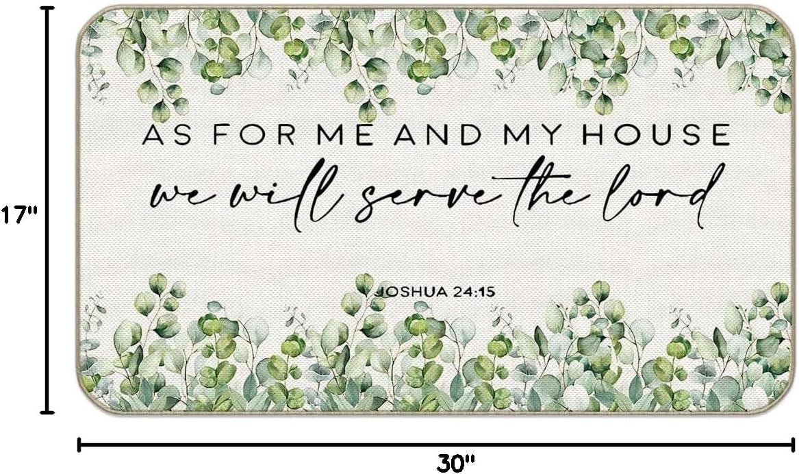 Christian Door Mat, As for Me and My House We Will Serve The Lord Doormat,17"X30" Decorative Home Indoor Outdoor Front Porch Door Mat,Christian Eucalyptus Leaves Welcome Mat Decor