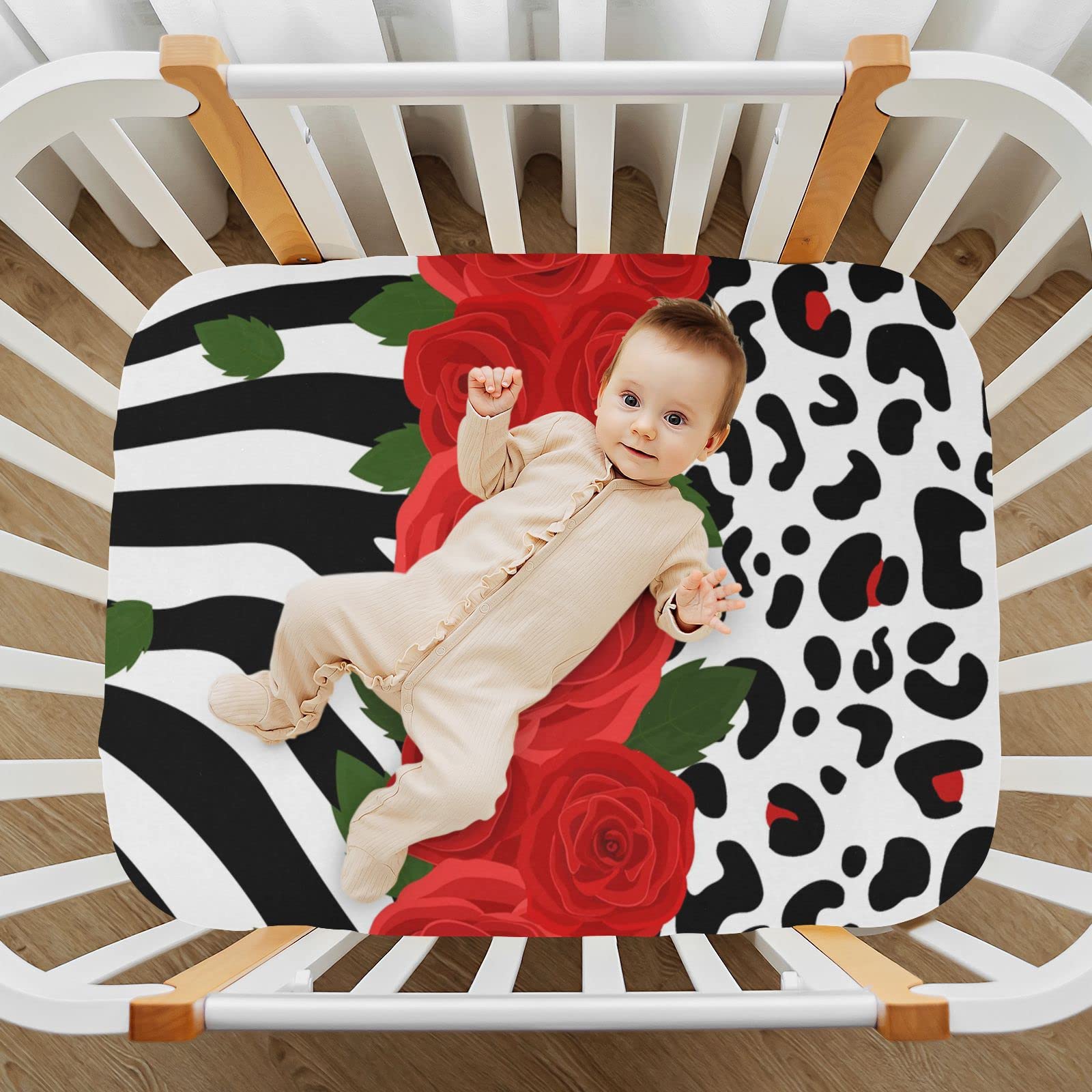 Spannbettlaken für Kinderbett, Zebra-Leopardenmuster, rote Rose, weich, atmungsaktiv, pflegeleicht, Spannbetttuch für Babybett und Kinderbetten