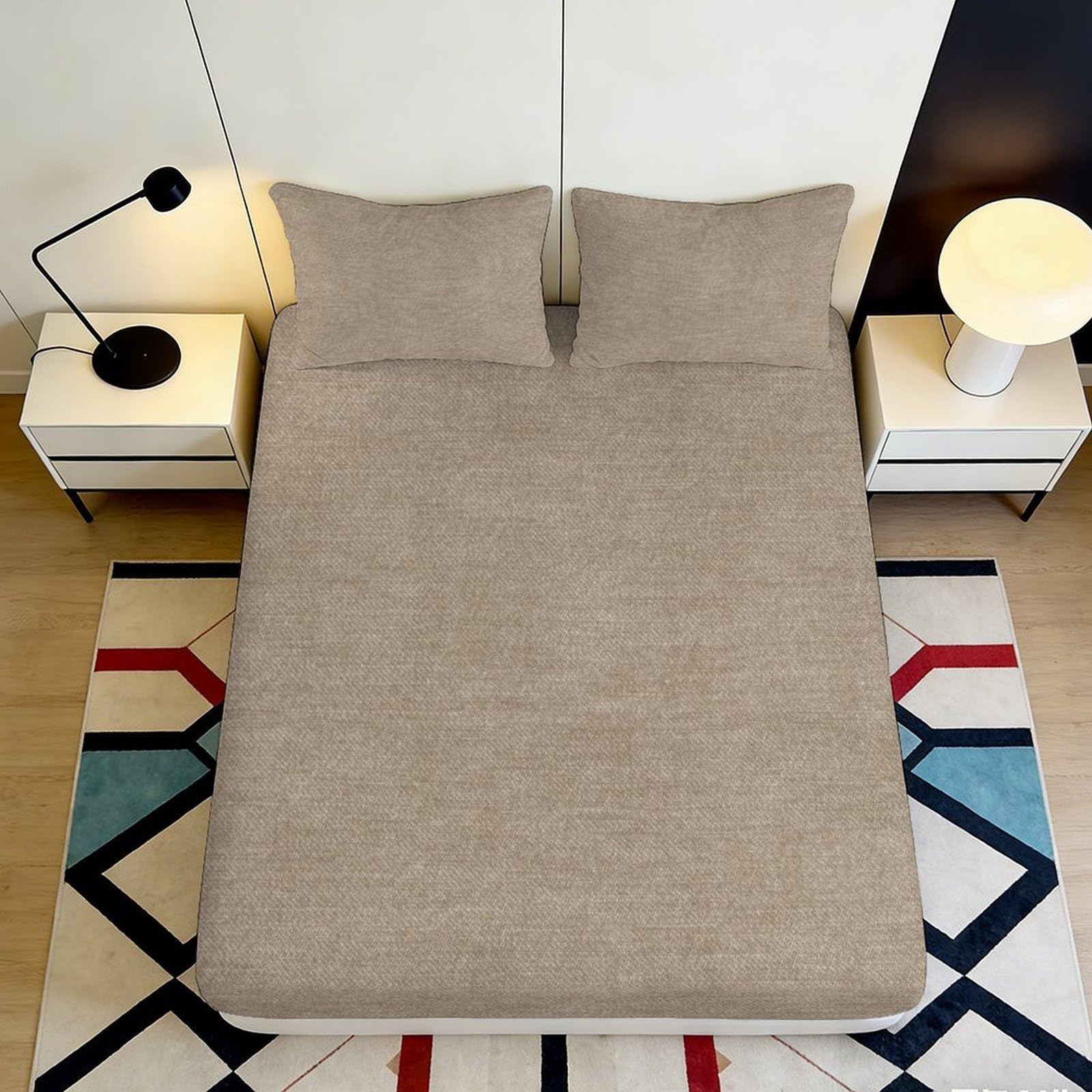 3D Printed Beige Minimalist Fitted Sheet Microfiber Soft Modern Geometric Mattress Cover for Bedroom Guest Room Decor 90x200x25cm