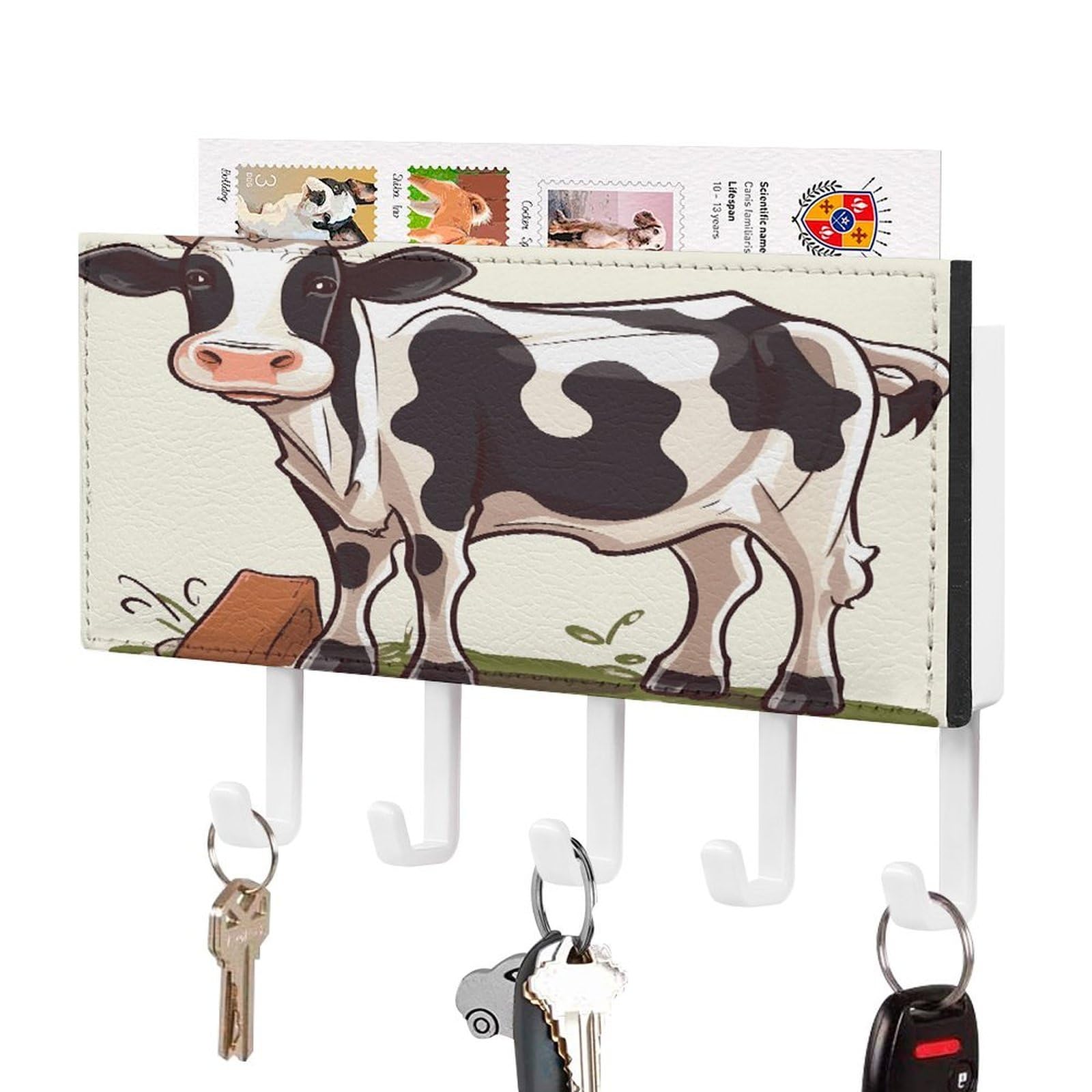 FekiLoot Dairy Cow Key Holder for Wall Decorative Mail Organizer with 5 Key Hook Self Adhesive Key Rack with Tray Coat Rack Wall Mount Key Hanger Decor for Entryway Door