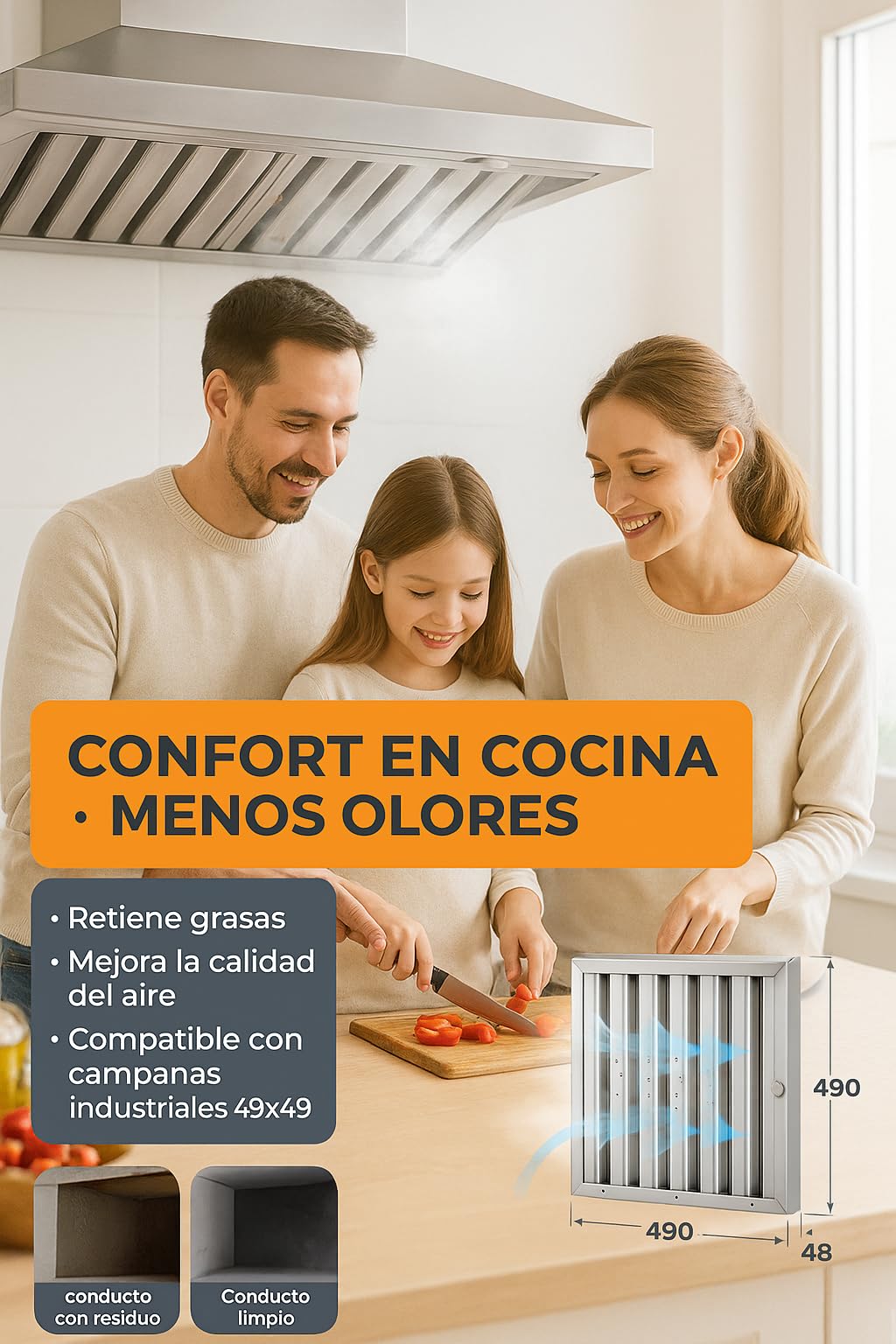RO Linea Blanca ® Filtro Lamas 490x490x48 Mm Acero Inox AISI 304 Para Campana Industrial Hosteleria Lavable Lavavajillas Drenaje Lamas Inclinadas Pomo Sujeccion Recambio Universal Seguridad Casa