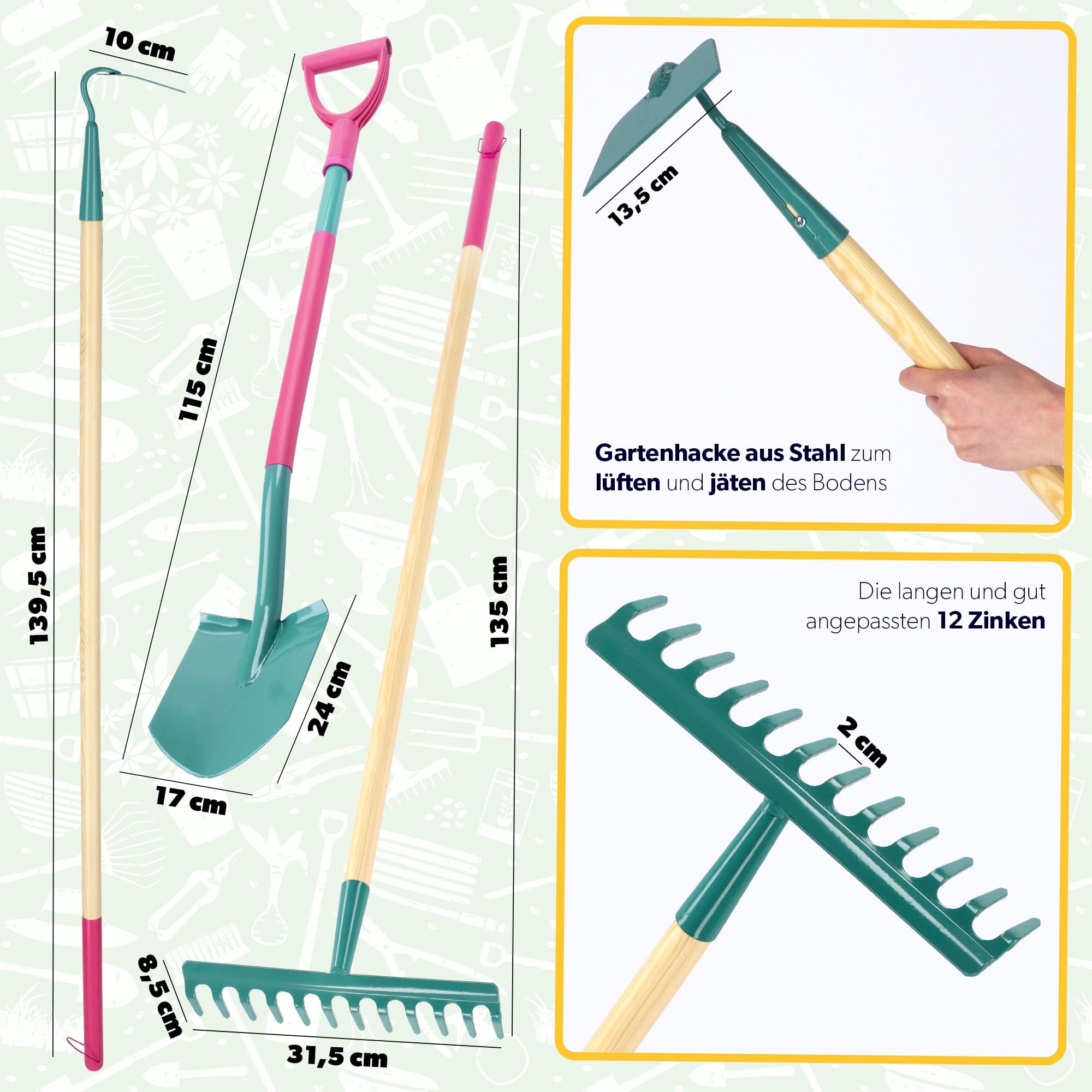 KADAX Gartenwerkzeug-Set, 4er Set, Metall Spaten, Rechen und Hacke, Gartenwerkzeug für Damen, Inclusive Handschuhe, Gartenset, Gartengeräte