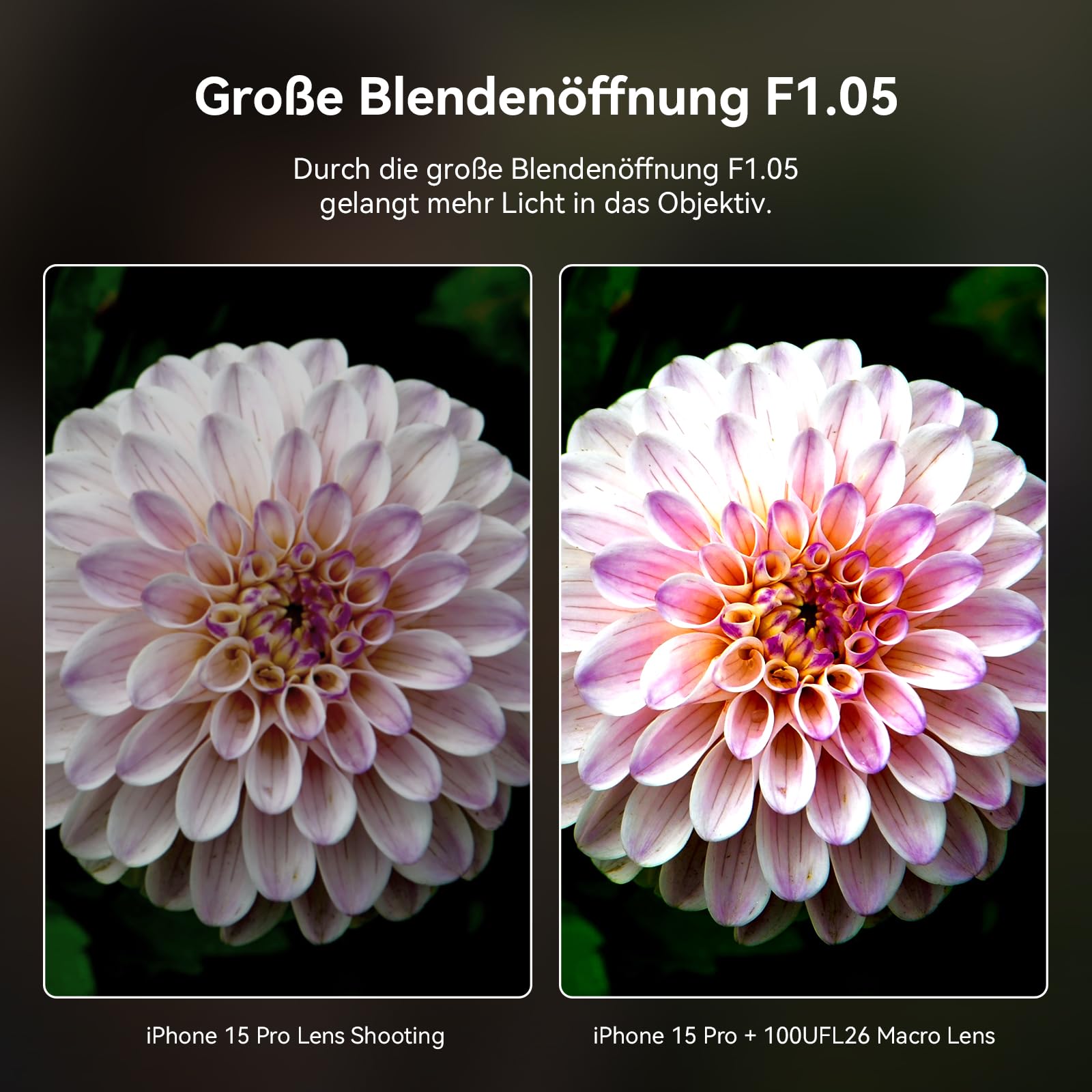 HB100 Ultra Makro Objektiv mit 45 Aufhellungsmodi, Blende F1.05 – HD-Makroobjektiv mit Universal-Clip – Handy Objektiv für iPhone, Samsung und Pixel, Android-Smartphones