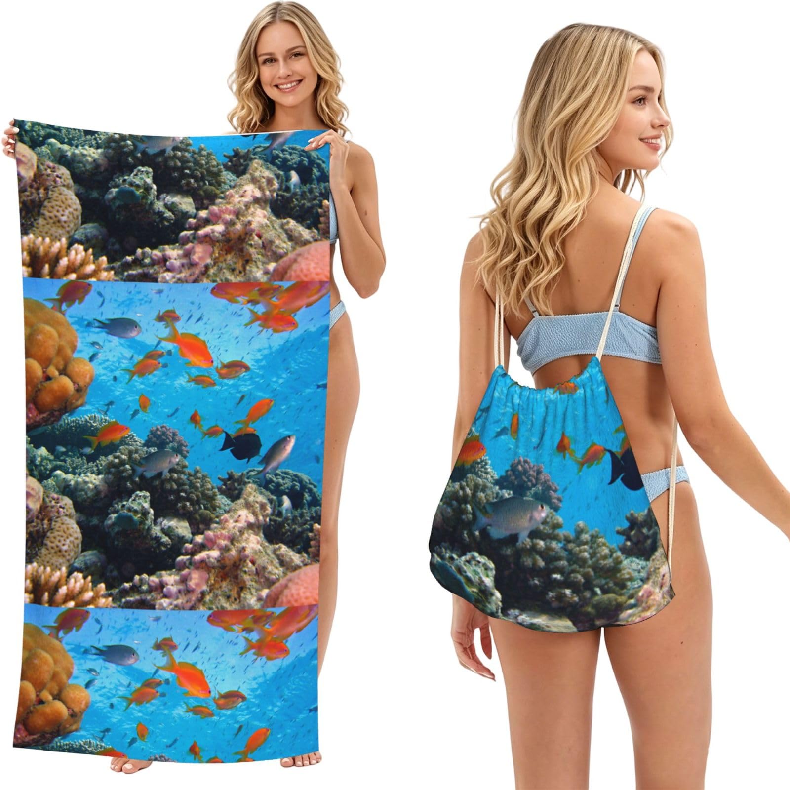 Poadnly As Picture Coral And Fish, 2 In 1 Packable Towel Bag, Beach Towels With Drawstring Backpack For Travel Holiday Camping