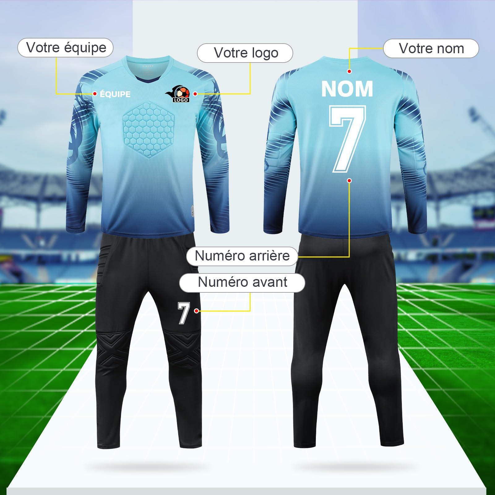 Maillot de Gardien Personnalisable Tenue de Gardien de But Maillot + des Pantalons Personnalisé avec Nom Nombre Nom de l'équipe Logo