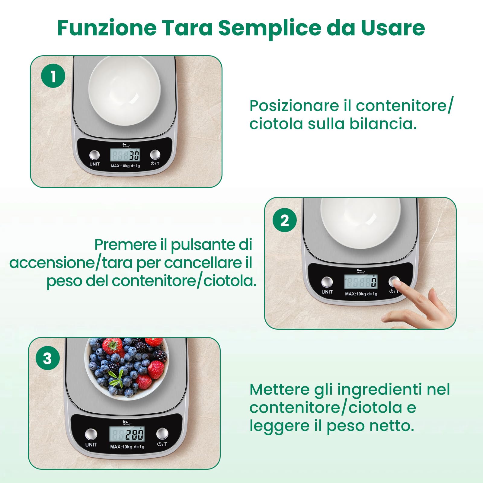 Himaly Bilancia da Cucina Digitale, 10Kg/1g Bilancia Elettronica Alta Precisione Misurazione Display LCD Multifunzione Bilancia da Cucina Professionale, Acciaio Inossidabile + ABS, Grigio Argento