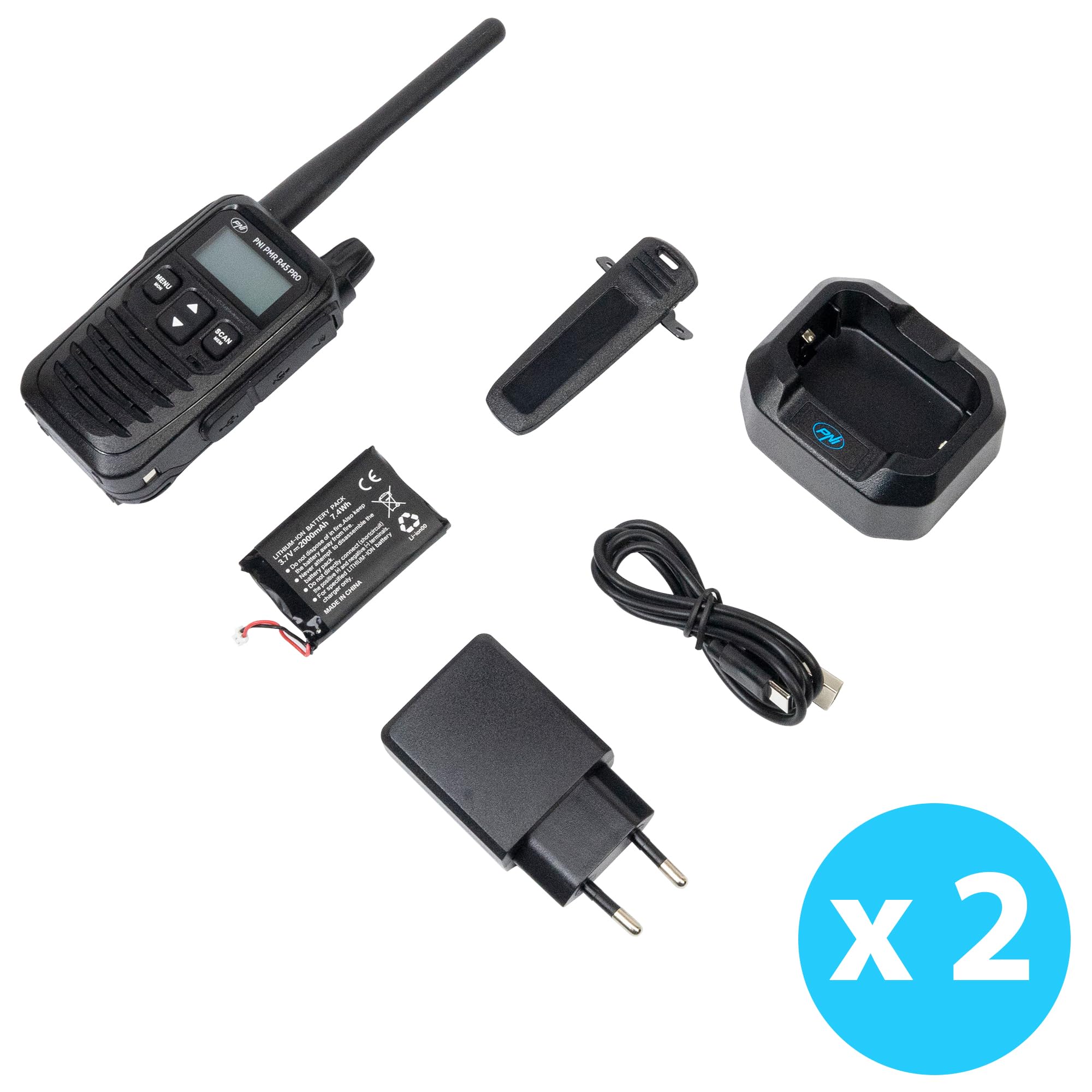 Kit de 2 Estaciones de Radio portátiles PNI PMR R45 Pro 446MHz, 0.5W, 99CH programable, 16 PMR, VOX, Tot, BCL, Scan, Roger Beep