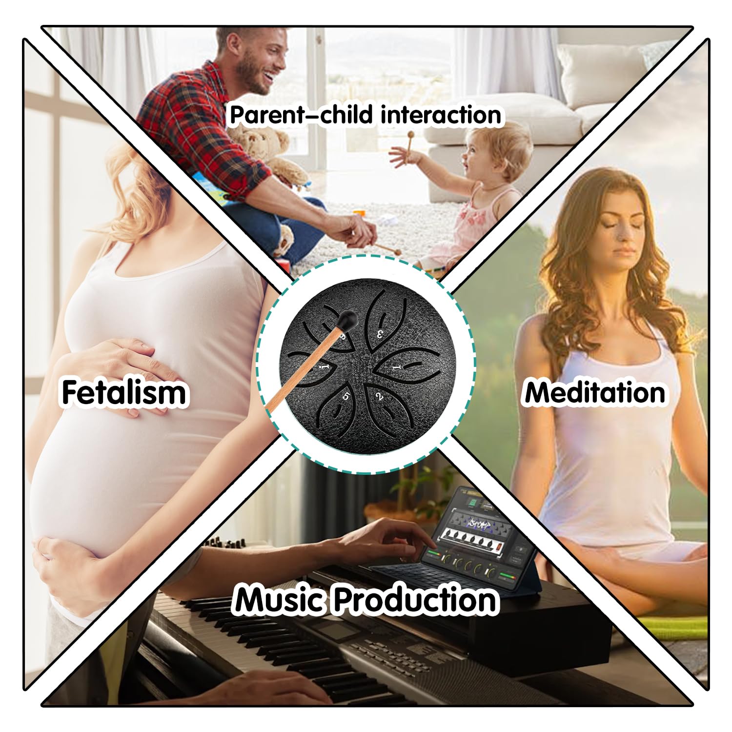 Tamburo a Lingua, 6 Note tamburo della lingua, Tamburo in Acciaio, Tamburo del Handpan, Handpan Tamburo Strumento a Percussione, Handpan Strumento Musicale, per Meditazione, Yoga(nero)