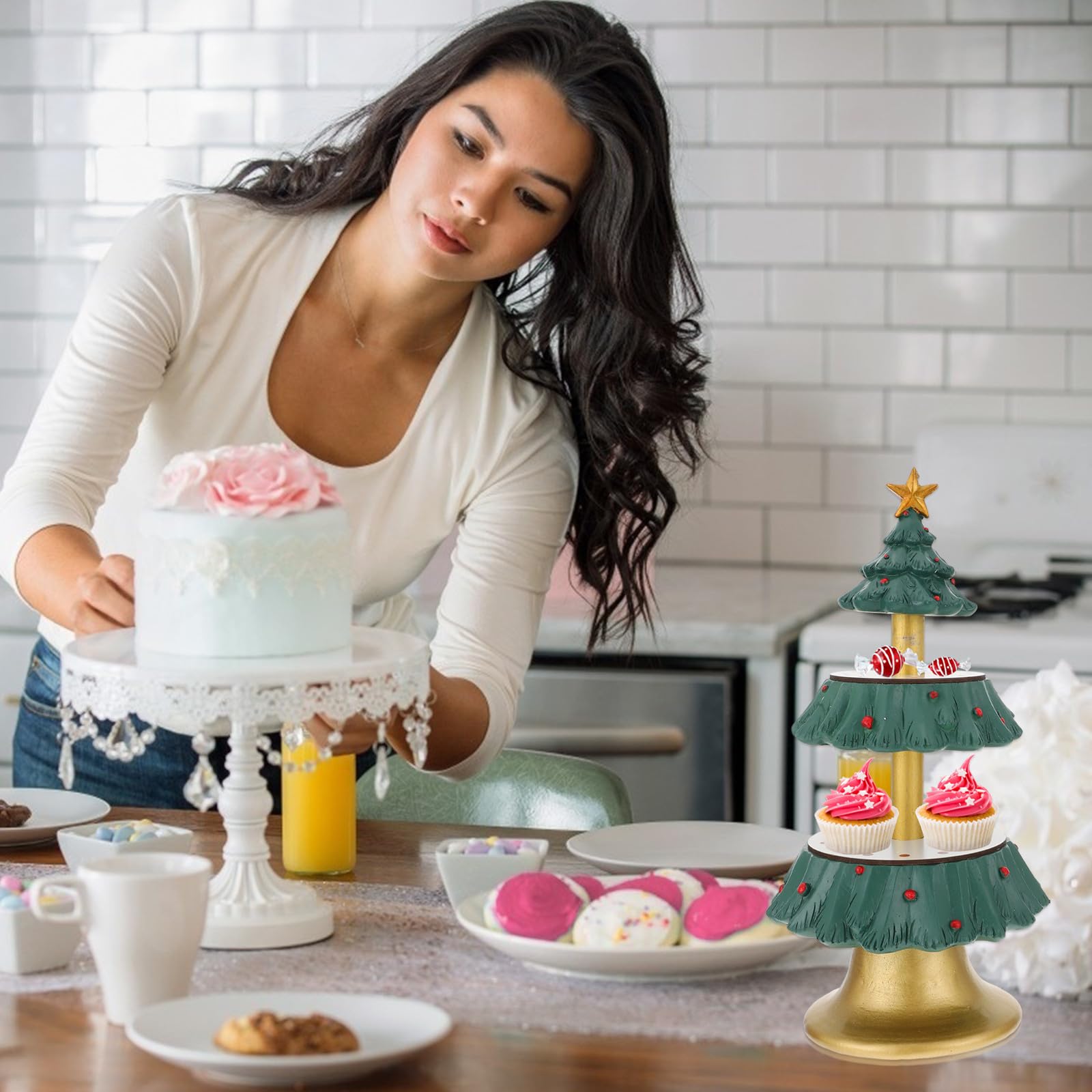 BESPORTBLE Présentoir à Cupcakes Sapin de Noël à Deux Niveaux en Résine
