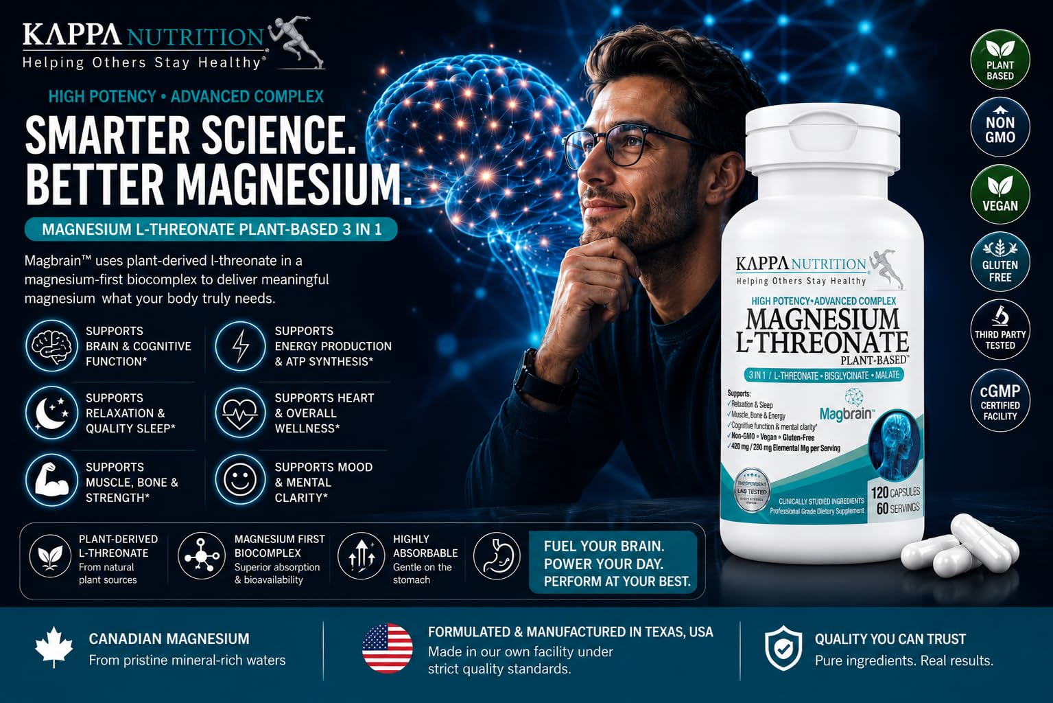 Magnesium L-Threonate Plant-Based 3 in 1 Powered by Magbrain® Magnesium L-Threonate Plant-Based | Magnesium Bisglycinate & Magnesium Malate | Up to 420 mg Elemental Magnesium | 60 Vegan Capsules. — Amazon image 9