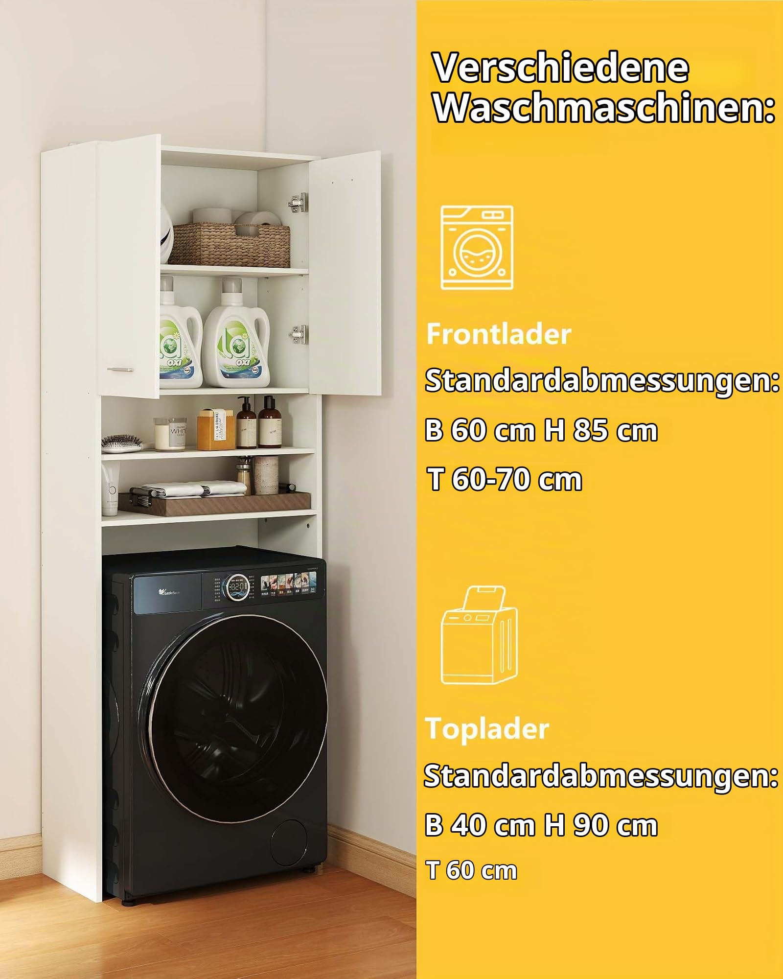 Waschmaschinenschrank mit Türen 64×30×179.5cm Waschmaschinenregal Bathroom Cabinet Badschrank Hochschrank Regal über Waschmaschine Weiß