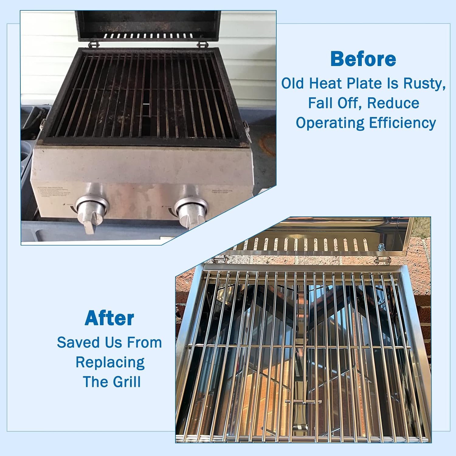 Before and after comparison of a grill interior, showing rusty old heat plates replaced with new, clean flame tamers