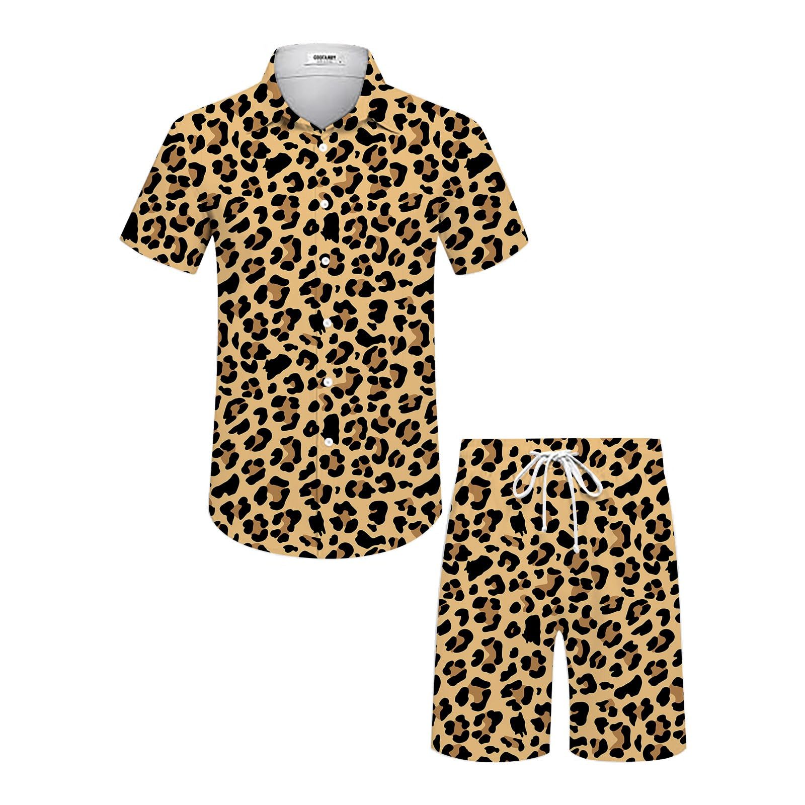 Générique Ensemble imprimé léopard Chemise hawaïenne pour homme Coupe ajustée Pantalon court avec cordon de serrage Short de plage T-shirt et short Ensemble costume