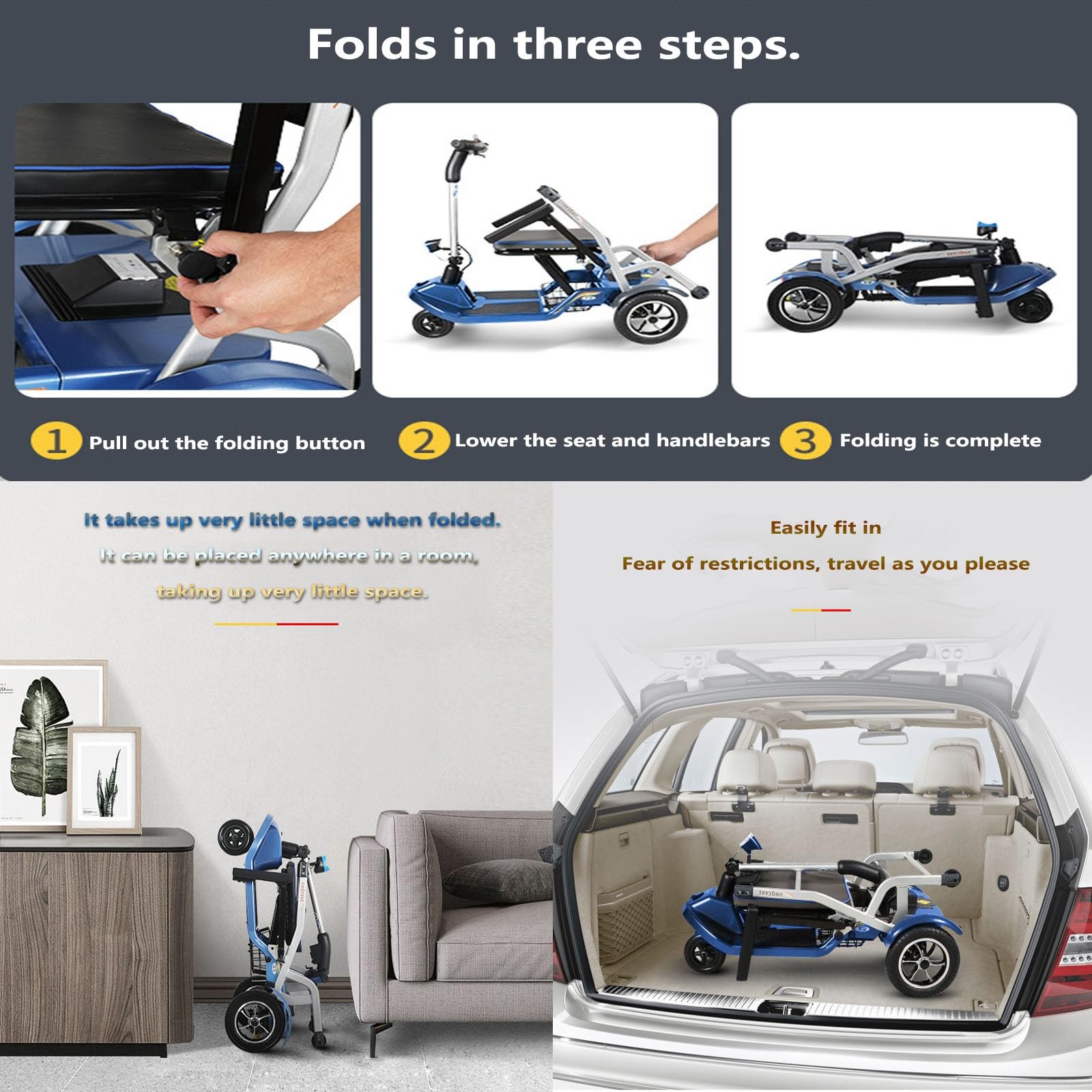 Scooter Per Disabili, Scooter Per Disabili Da Viaggio, Scooter Per Disabili Pieghevoli, Doppie Ruote Anteriori, Scooter Motorizzato Leggero, Portatile E Compatto Per Tutti I Terreni