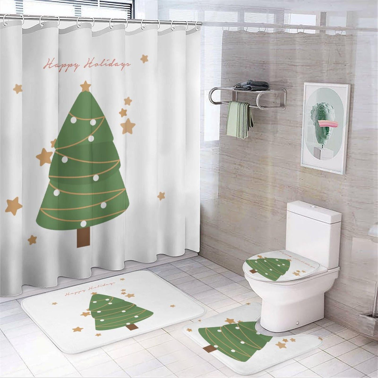 Árbol de Navidad Baño de Cuatro Piezas Tappeto De Baño De Bambú, Antideslizante Y Lavable, Ideal para Ducha Y Baño Moderno 183×183cm