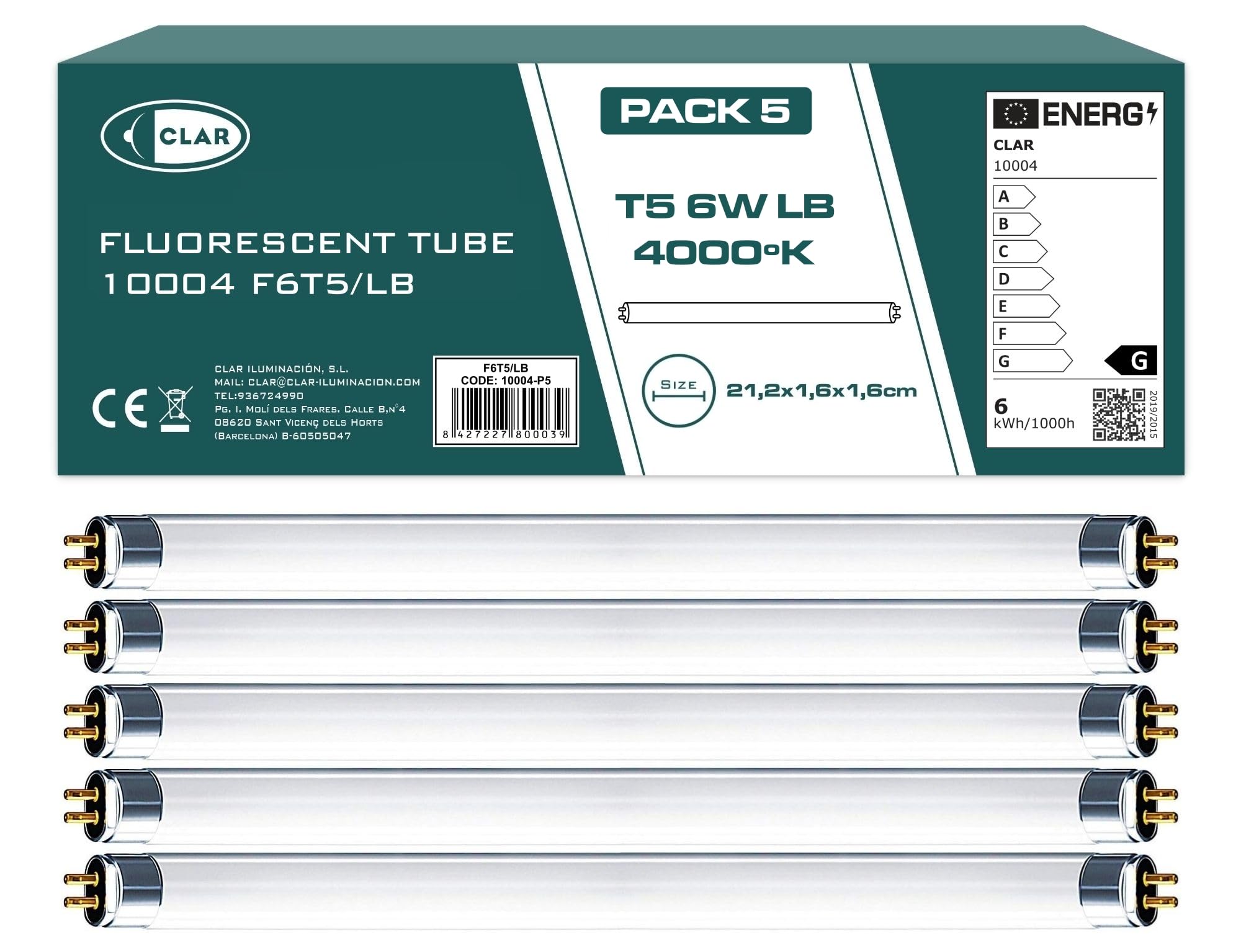 CLAR - Fluorescent Light Tubes, T5 Bulb, Fluorescent Light, 21,2 x 1,6 cm (6 Watts T5, Pack 5)