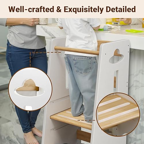 Miniatura 5 de COSYLAND Torre ajustable de pie para niños pequeños de 33.5 pulgadas, taburete estable de cocina para niños con barra transversal protectora,