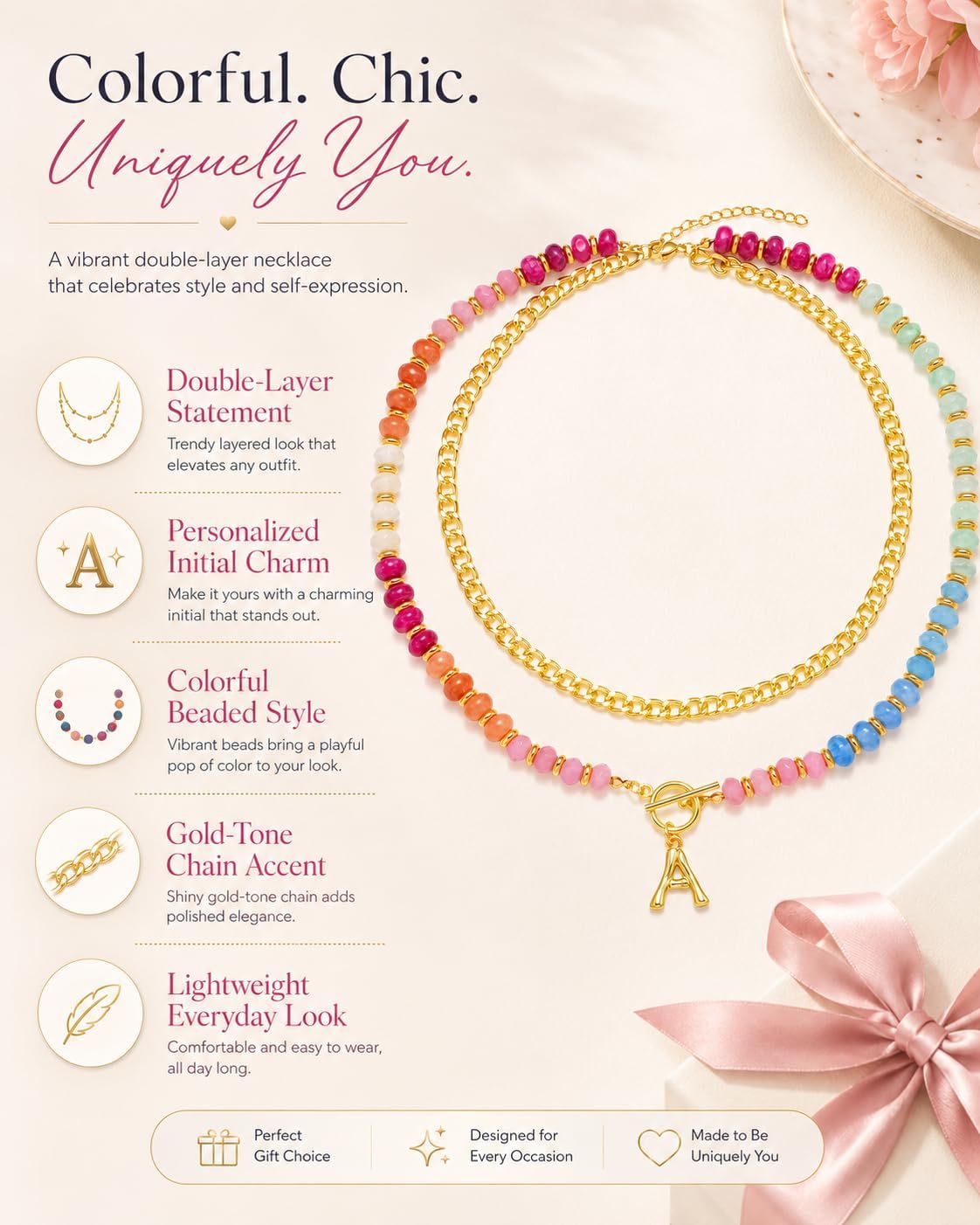 MIFYNN Colorful Beaded Necklace for Women Layered Trendy 14K Gold Plated Initial Chunky Chain Necklaces Rainbow Beads Choker Boho Summer Beach Jewelry