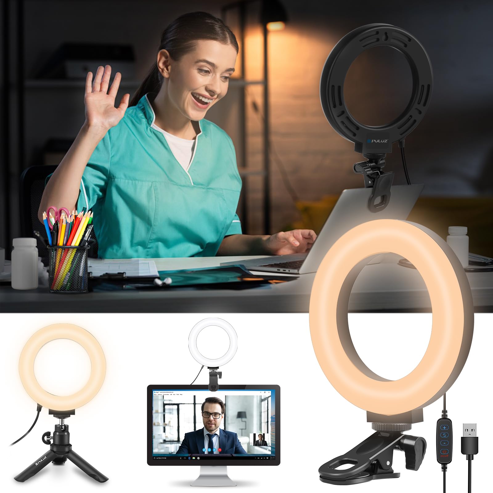 PULUZ Lampa pierścieniowa do laptopa z 72 diodami LED, 6 cali, światło wideokonferencyjne z klipsem i statywem, 3 kolory światła + jasność, 10-stopniowe światło wideo do Tiktok, Zoom, YouTube, Live