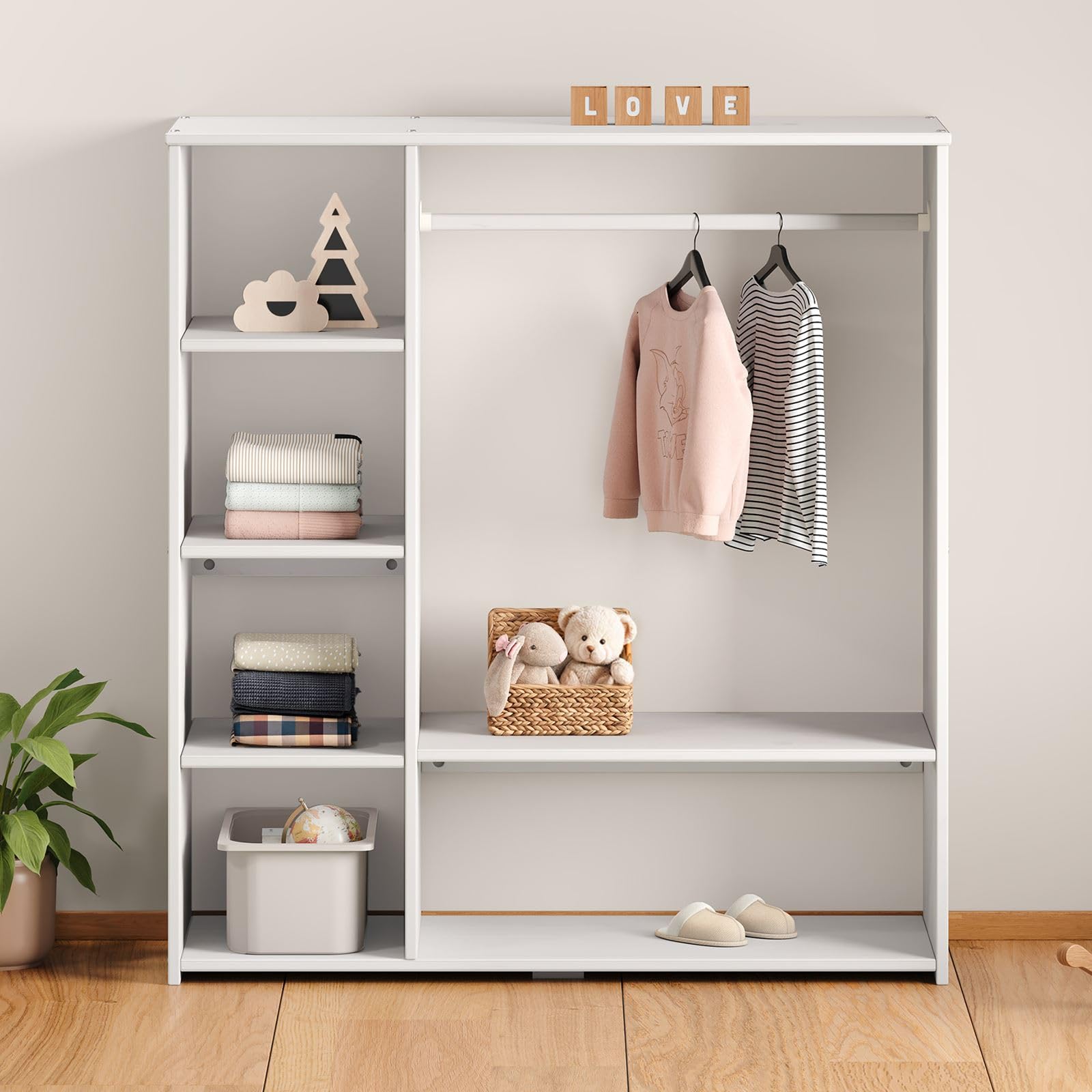 IDIMEX Kinderschrank Rafael mit Kleiderstange aus Kiefer - Weiß. Offener Schrank mit Fächern und Ablagen, Skandinavisches Design, Kinderregal nach Montessori Prinzipien
