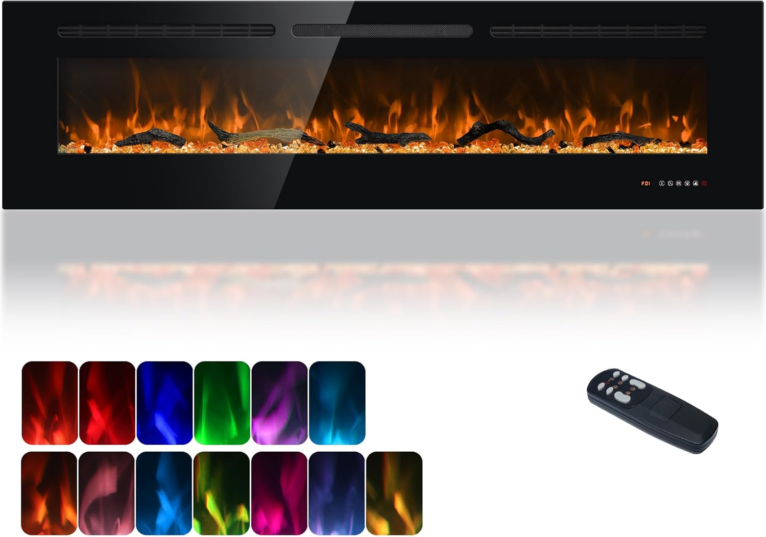 Electric Fireplace 65 in, Wall Mounted & Recessed Electric Fireplace Inserts, Remote & Touch Screen Control, 169 Flame Color Combinations, Timer& Thermostat Fireplace Heater, 1500W, Black