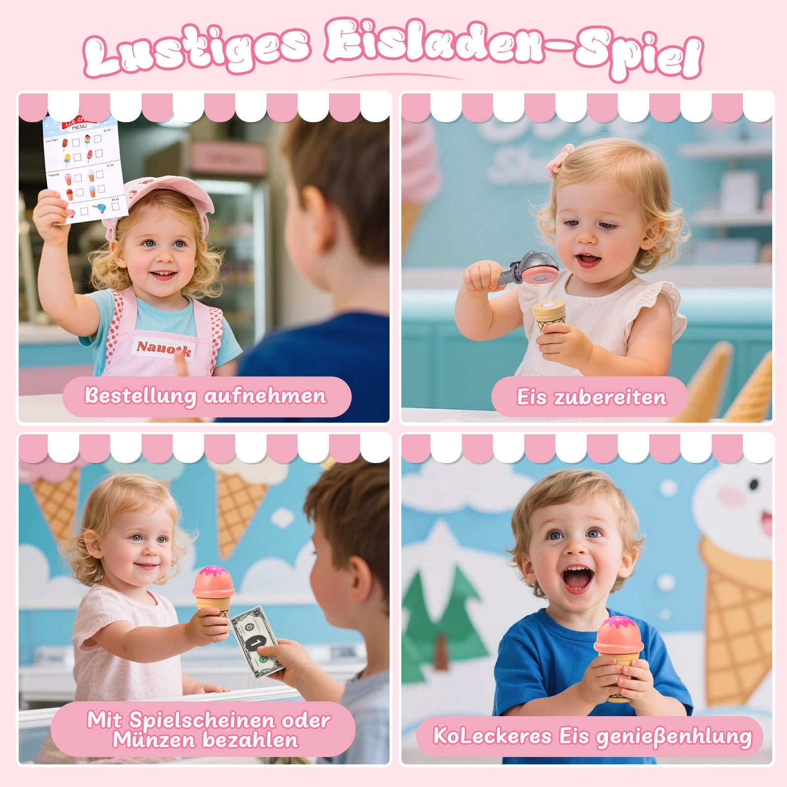 Qufby Gelateria in Legno, Set da Gelateria da 46 PCS, 8 Coni Gelato o 2 Coppe Gelato, Include Banconote e Monete Giocattolo, Calcolatrice e Carte di Credito, Regalo per Bambine di 3, 4, 5, 6 Anni