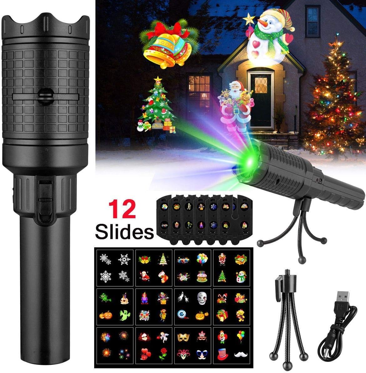 Christmas Projector Flashlight 12 Slides Handheld Projection Holiday Lightsfor Xmas Kids Gift Toys,Battery-Operated