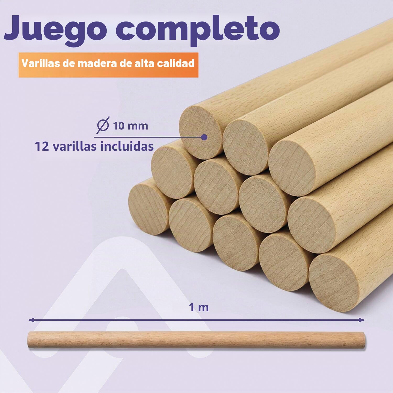 vasalat Varillas de madera lisas para manualidades, 100 cm x 10 mm, madera de haya natural, contenido, 12 unidades