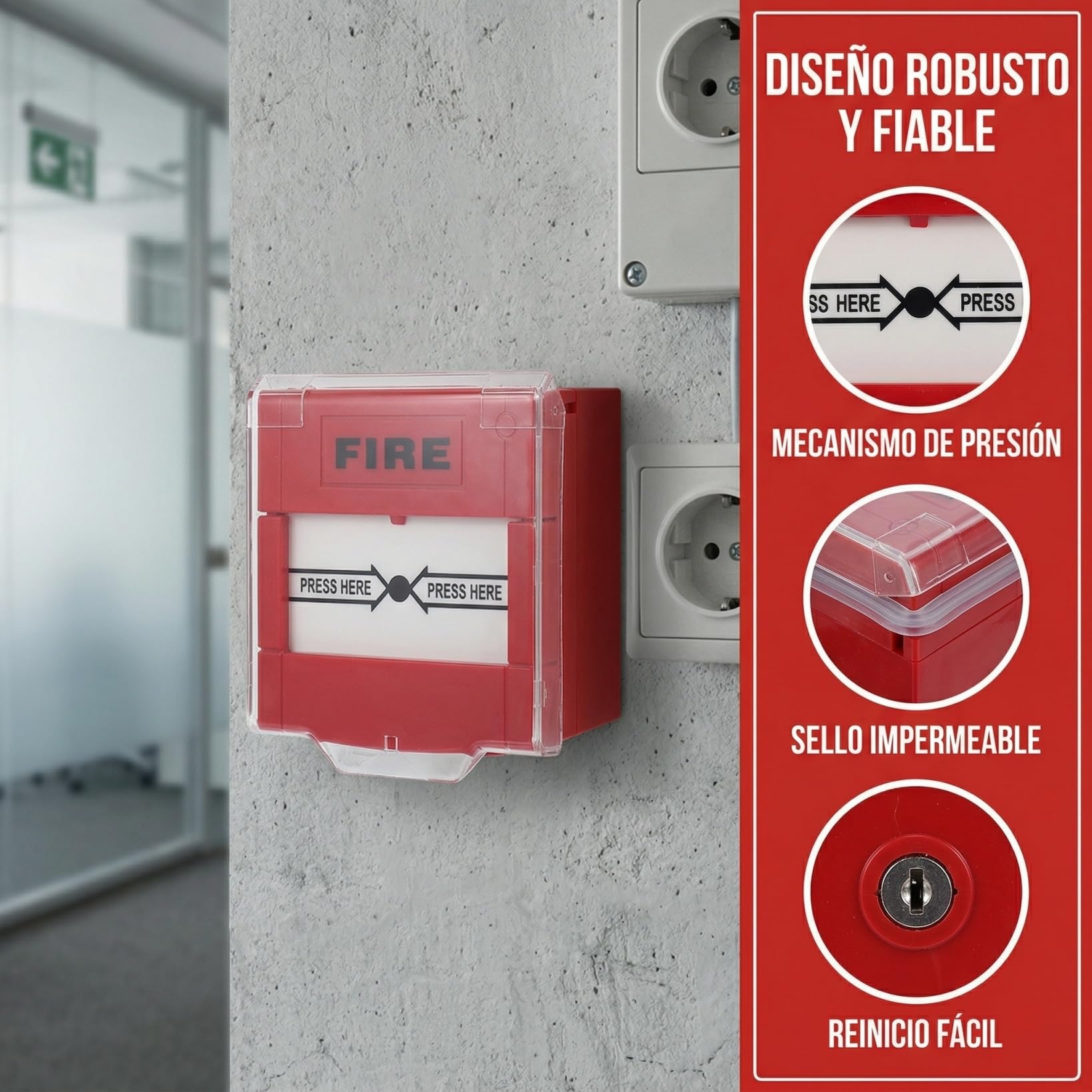 iplusmile Botón De Alarma Contra Incendios Rojo, Reiniciable, Resistente Intemperie, Para Montaje En Pared, Punto De Llamada De Emergencia y Prueba De Emergencia Contra Incendios